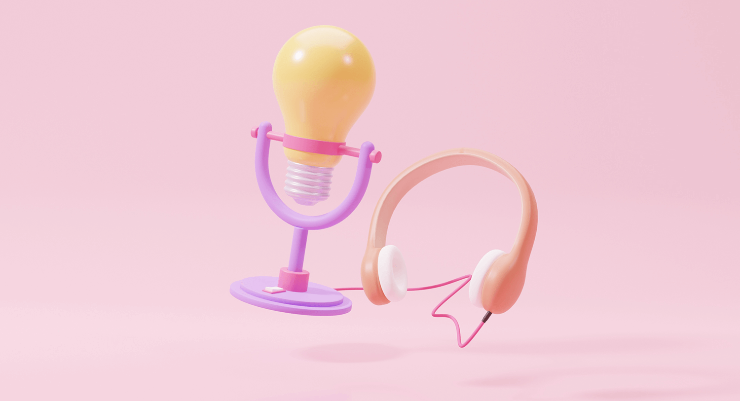 Illustration showing a lightbulb in a purple microphone stand, next to a pair of pink headphones. Best branding podcasts blog post