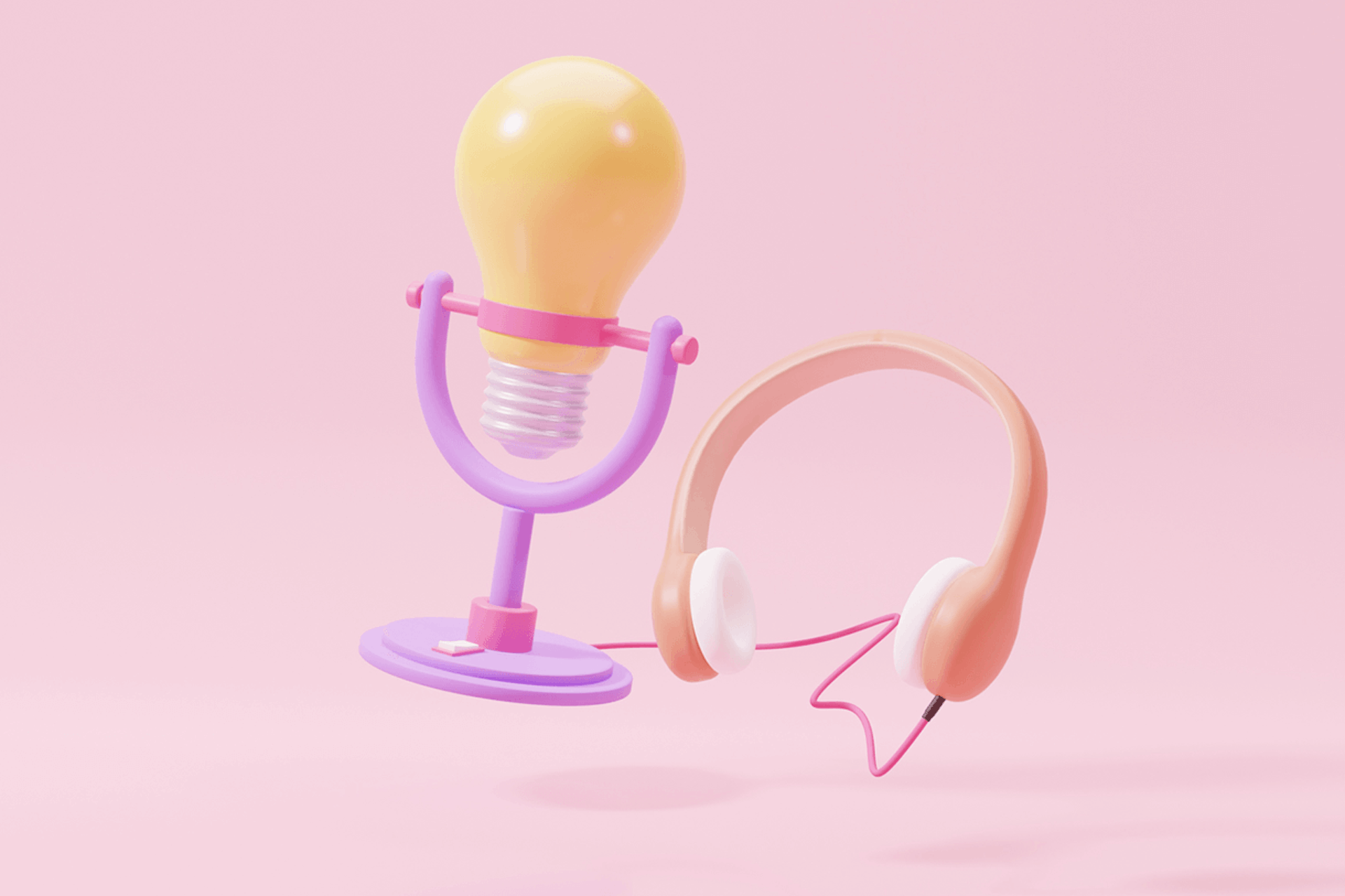 Illustration showing a lightbulb in a purple microphone stand, next to a pair of pink headphones. Best branding podcasts blog post