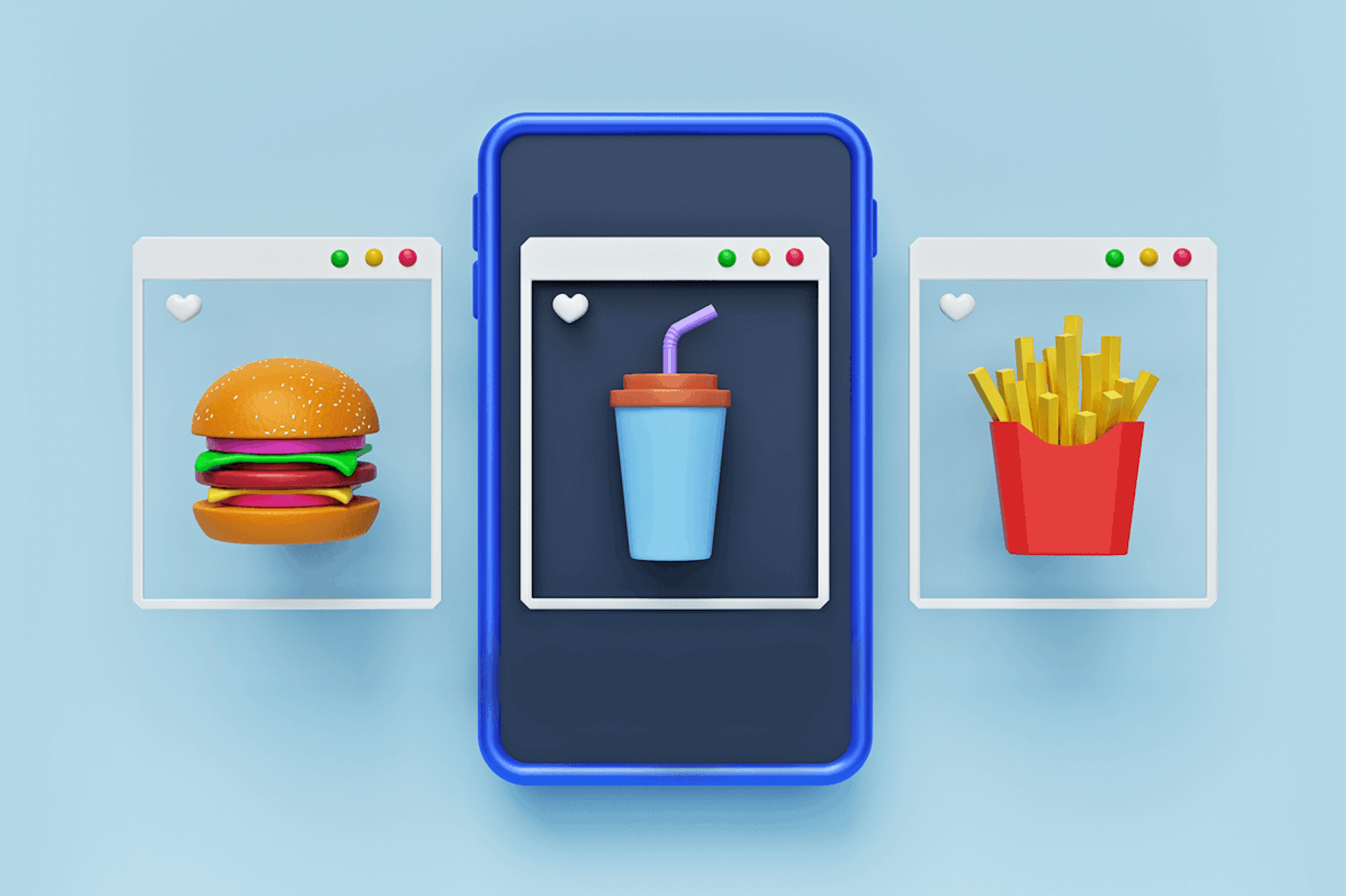Image of various food items in instagram photo frames on a blue background. Food influencers global list blog post