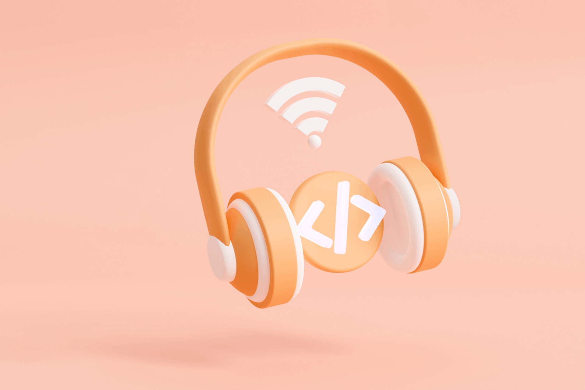 Illustration of a pair of orange and white headphones on a wifi signal. Best tech podcasts blog post.