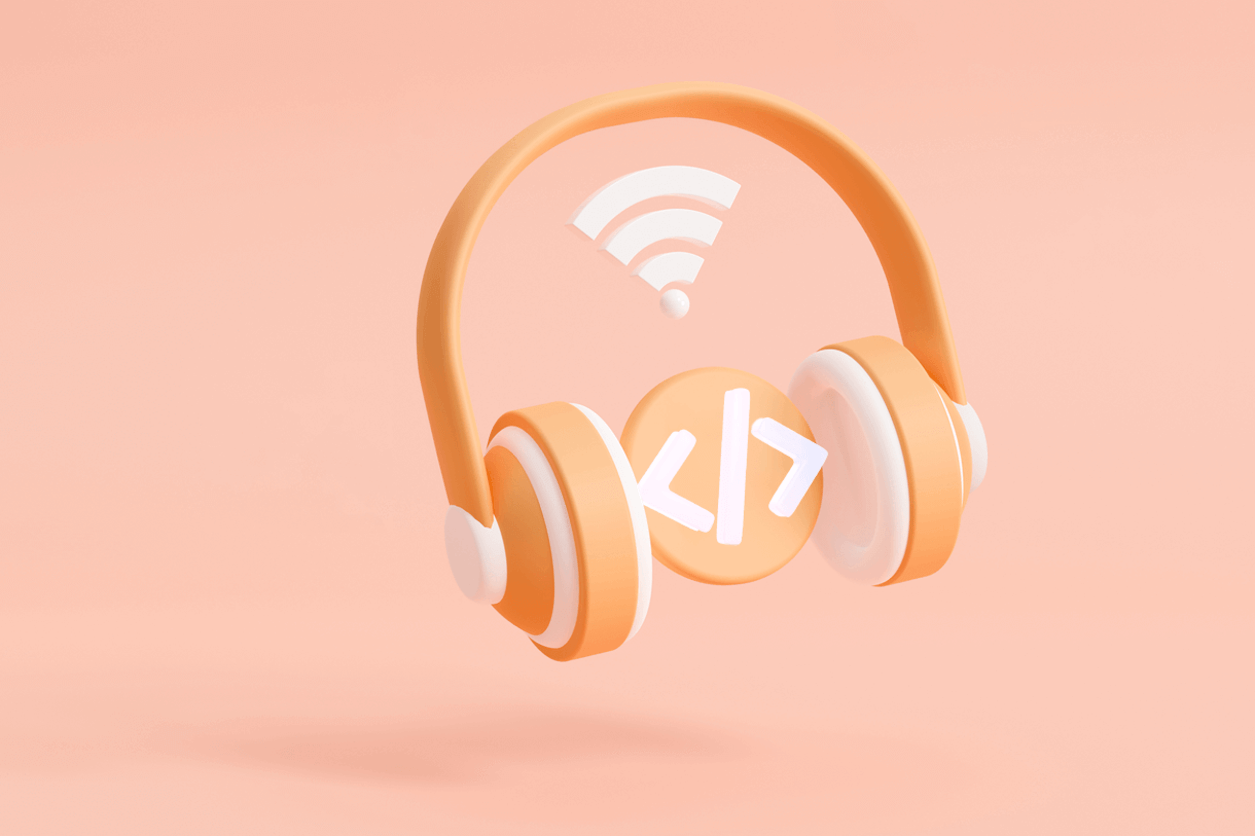 Illustration of a pair of orange and white headphones on a wifi signal. Best tech podcasts blog post.