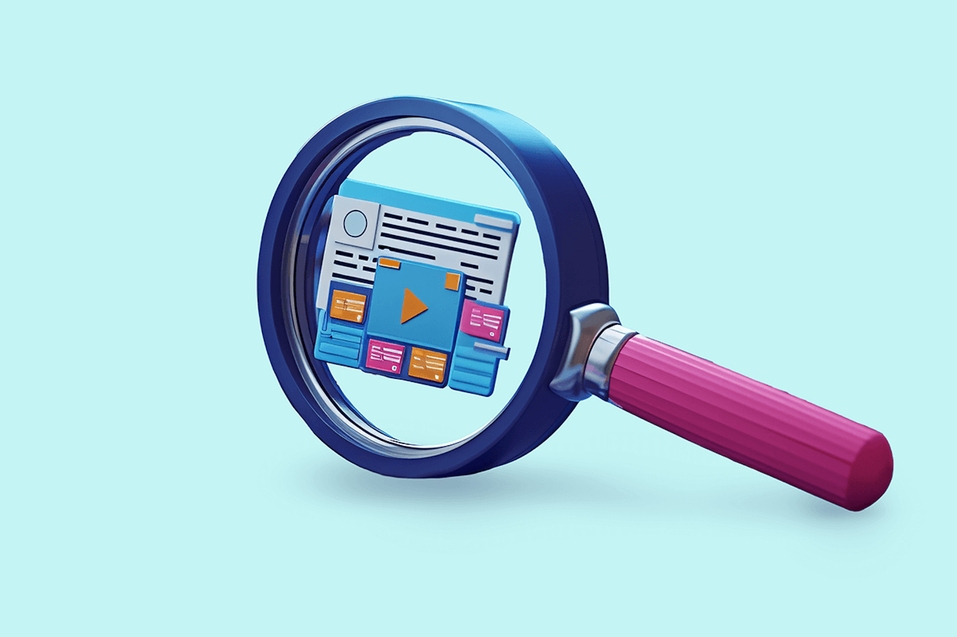 An illustration of a magnifying glass over a collection of internet browser windows representing secondary research companies.
