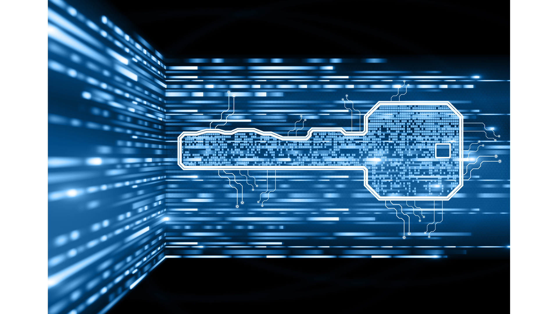 Une clef digitale bleu sur un circuit électrique de données.