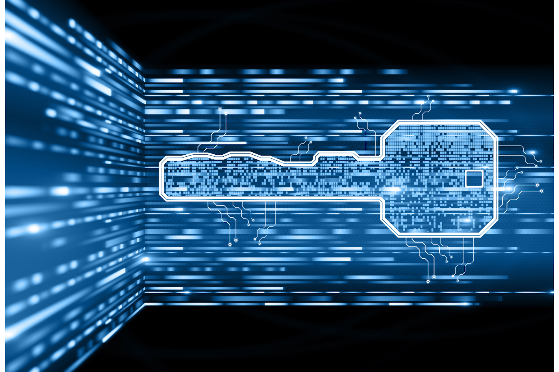 Une clef digitale bleu sur un circuit électrique de données.