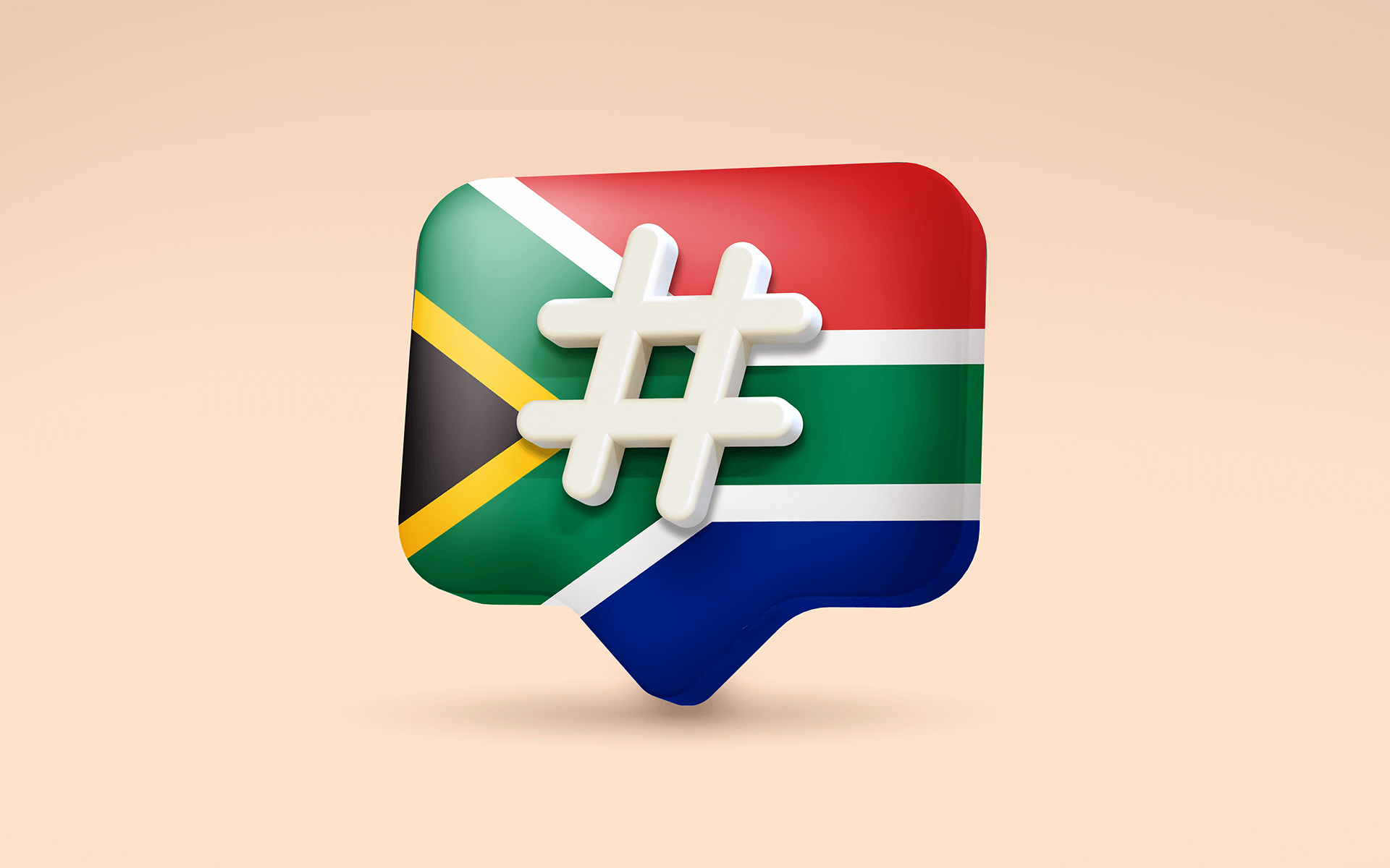 3D Illustration of the South African flag with a hashtag sign in it to showcase the top trending hashtags in South Africa.