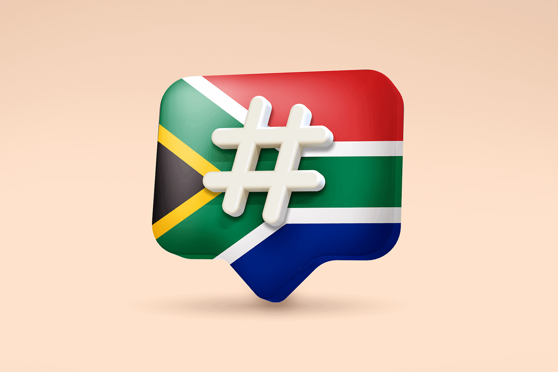 3D Illustration of the South African flag with a hashtag sign in it to showcase the top trending hashtags in South Africa.