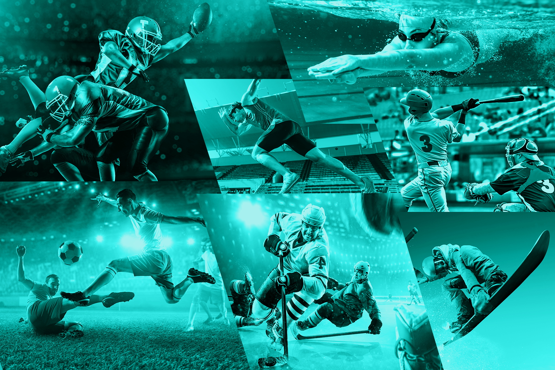 A collage of athletes playing football, hockey, baseball, and other sports, for Meltwater's 2023 Industry Snapshot: Sports.