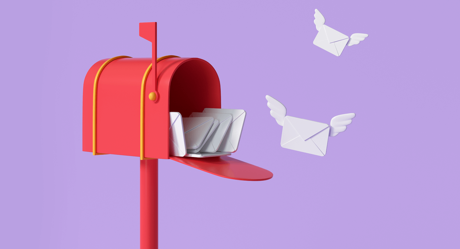 Illustration showing a red mailbox open and fully of white envelopes, two envelopes flying away, on a pastel purple background. Pitching a press release blog post.