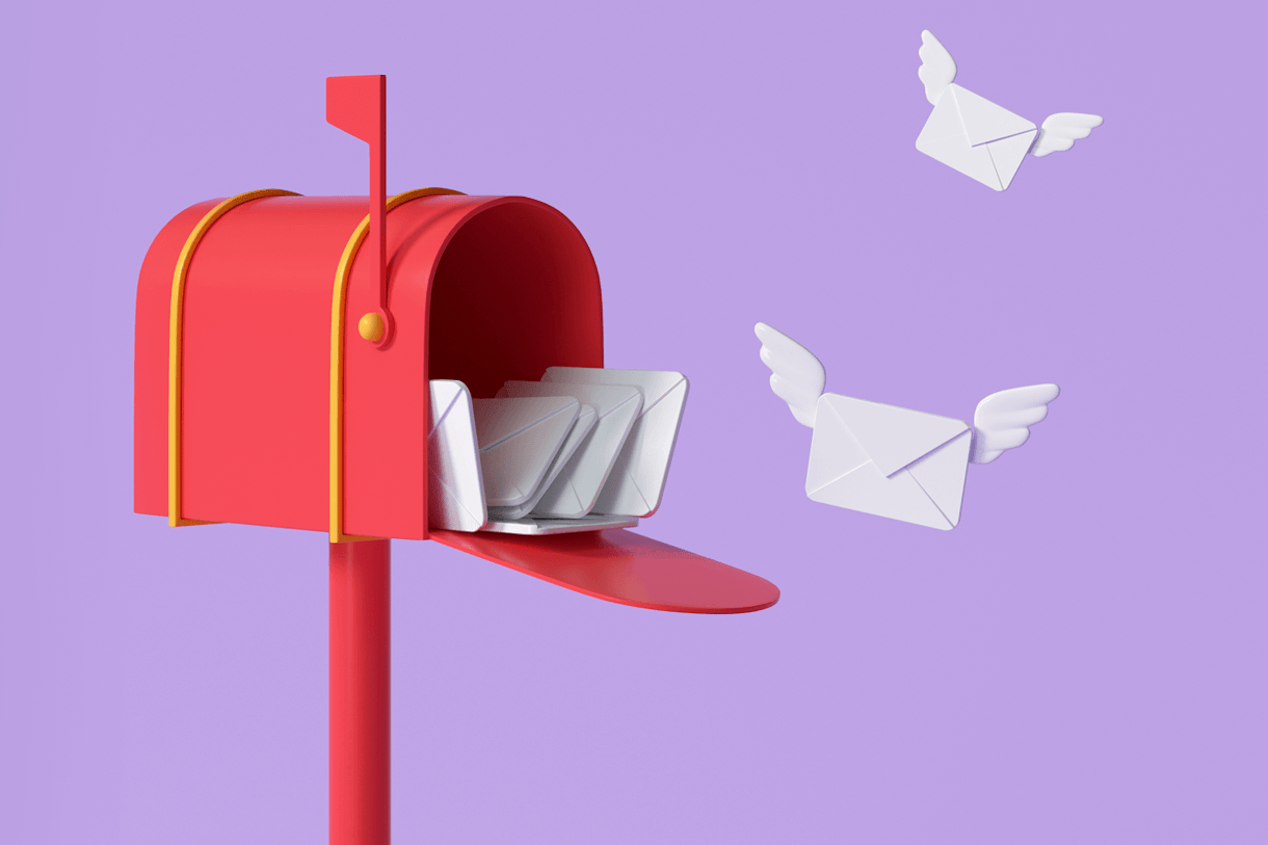 Illustration, die einen roten Briefkasten zeigt, der geöffnet und voll mit weißen Umschlägen ist, wobei zwei Umschläge wegfliegen, auf einem pastelllila Hintergrund. Pitching eine Pressemitteilung Blog-Post.