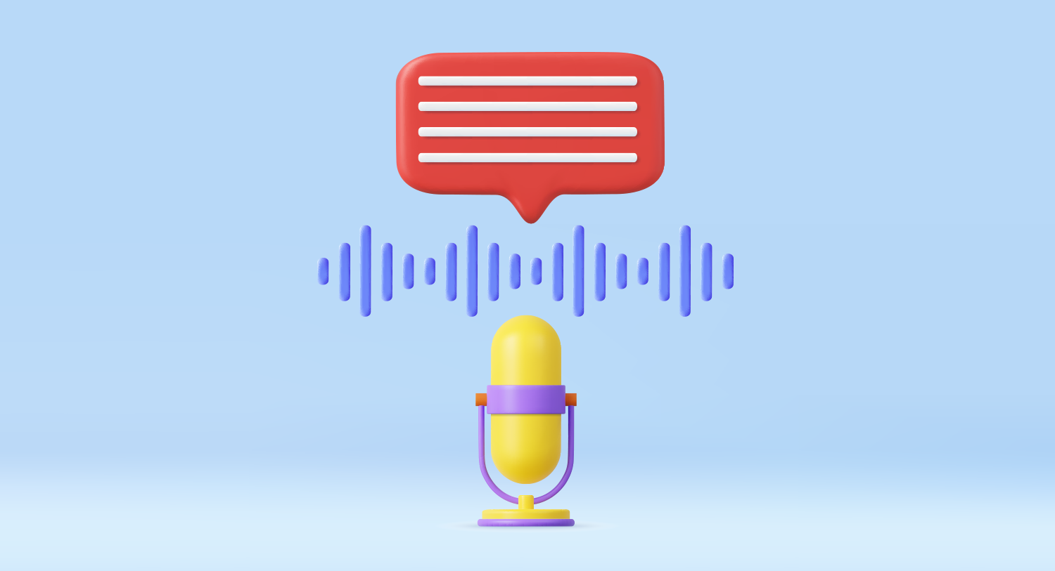 Illustration showing a desk microphone with sound waves and a red speech bubble. Guide to finding brand voice blog post.