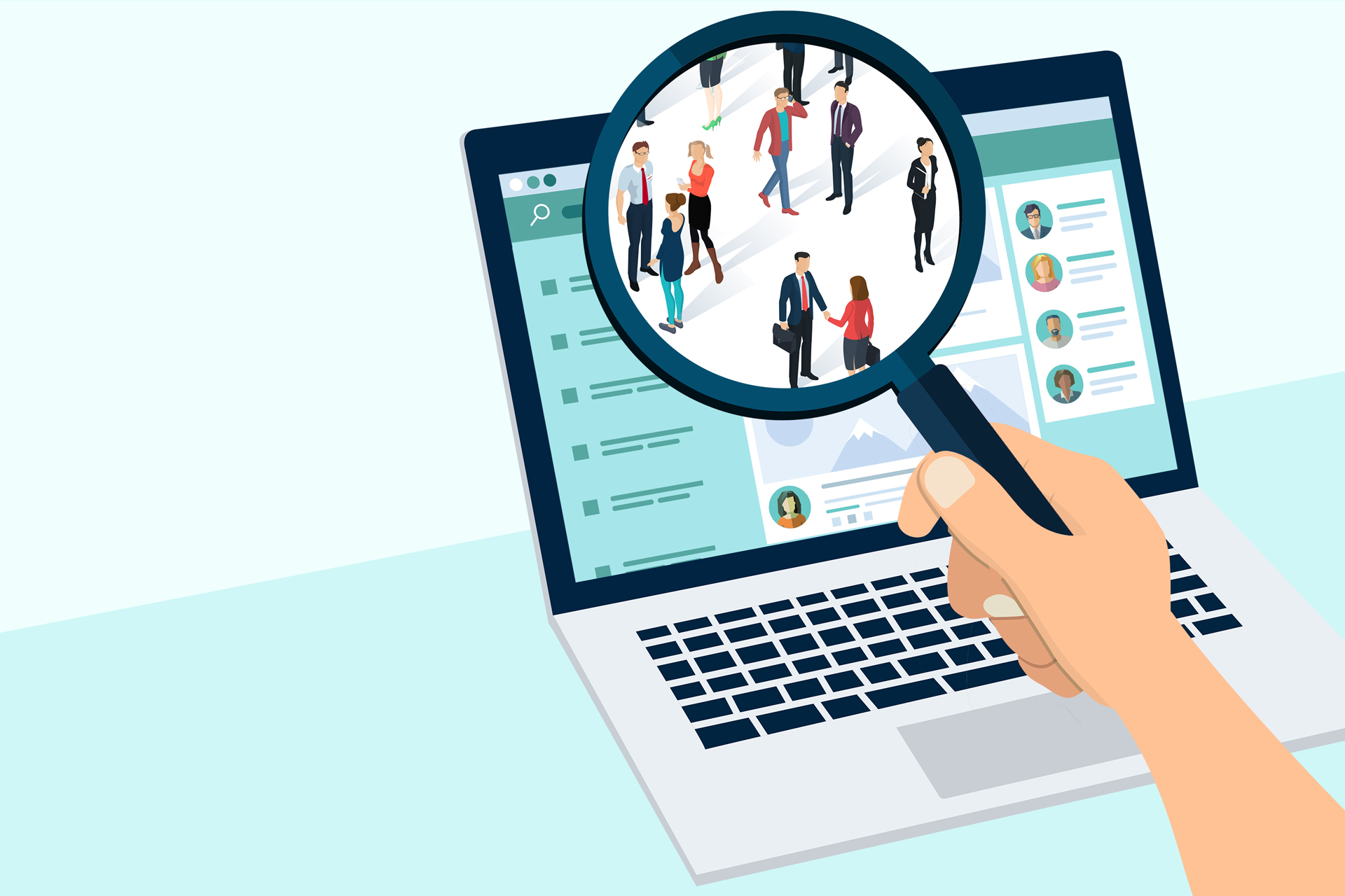 Illustration of a laptop with a person holding a magnifying glass over different groups of people.