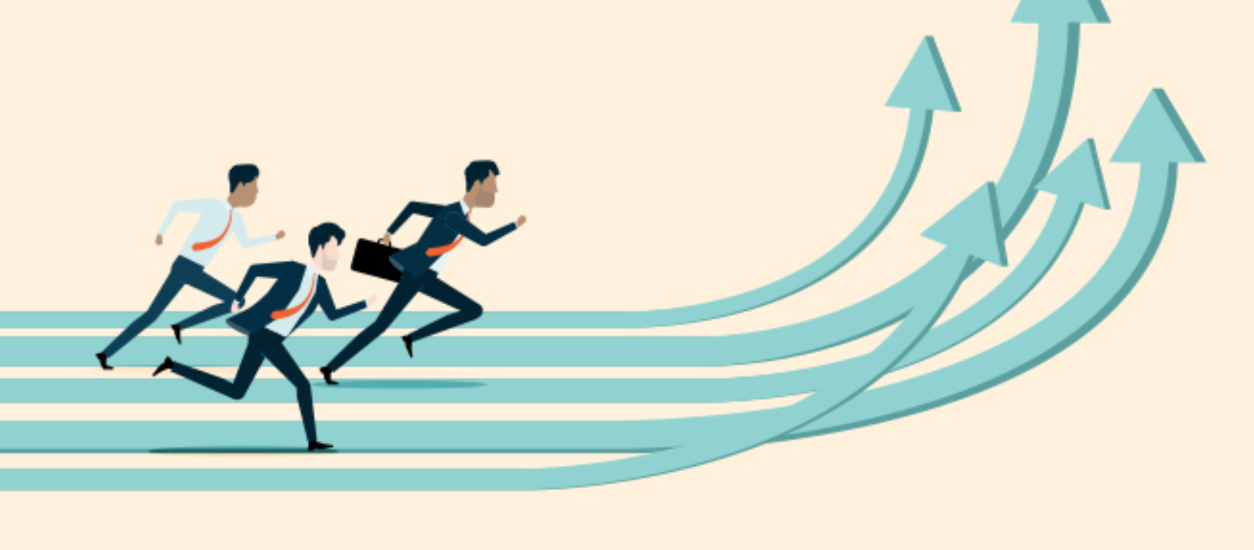 Illustration of three men running on an inclined teal running track