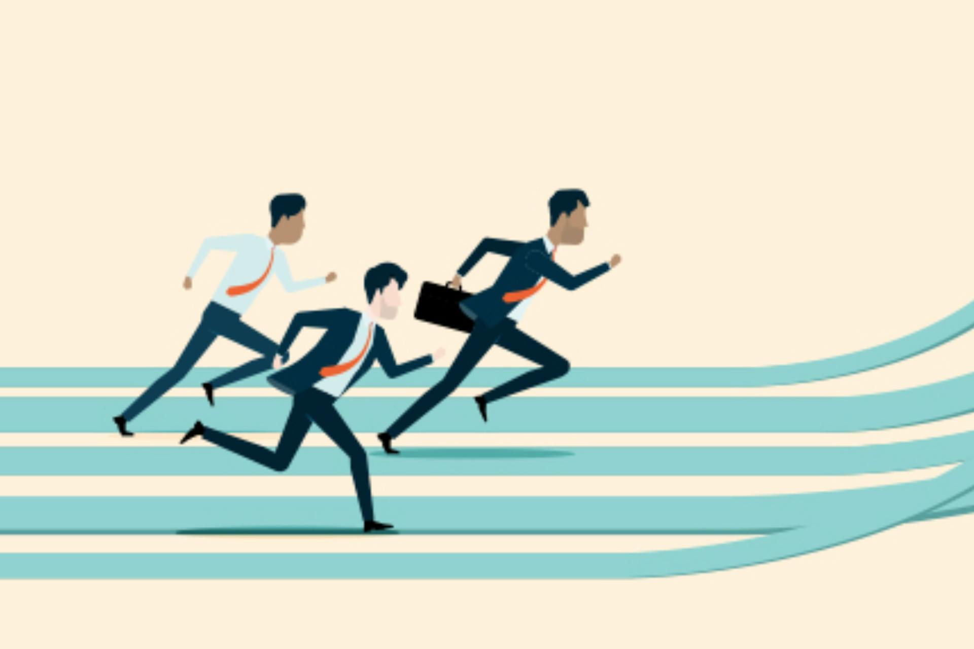 Illustration of three men running on an inclined teal running track