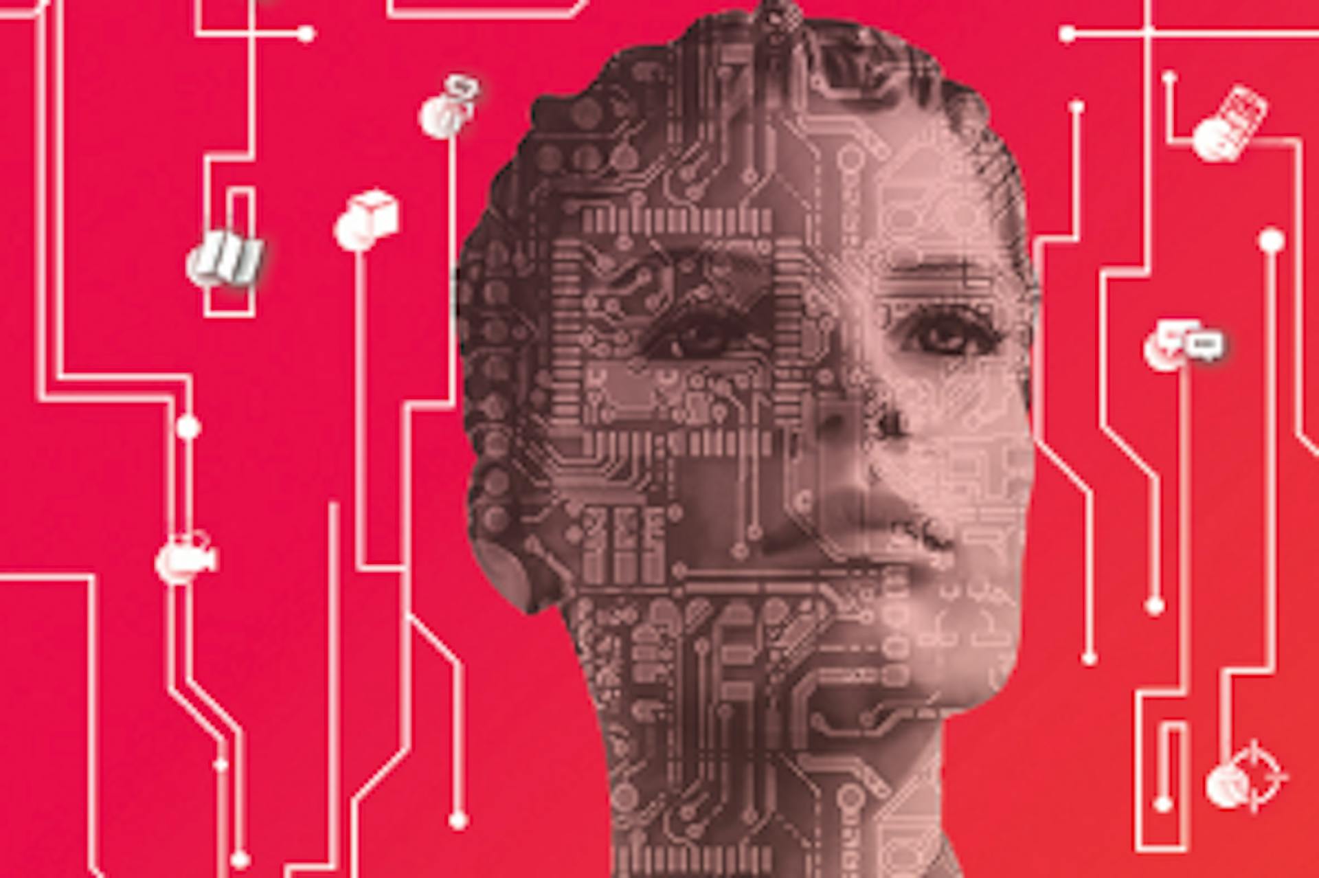 Femme robot sur fond rouge pour illuster l'IA et la technologie