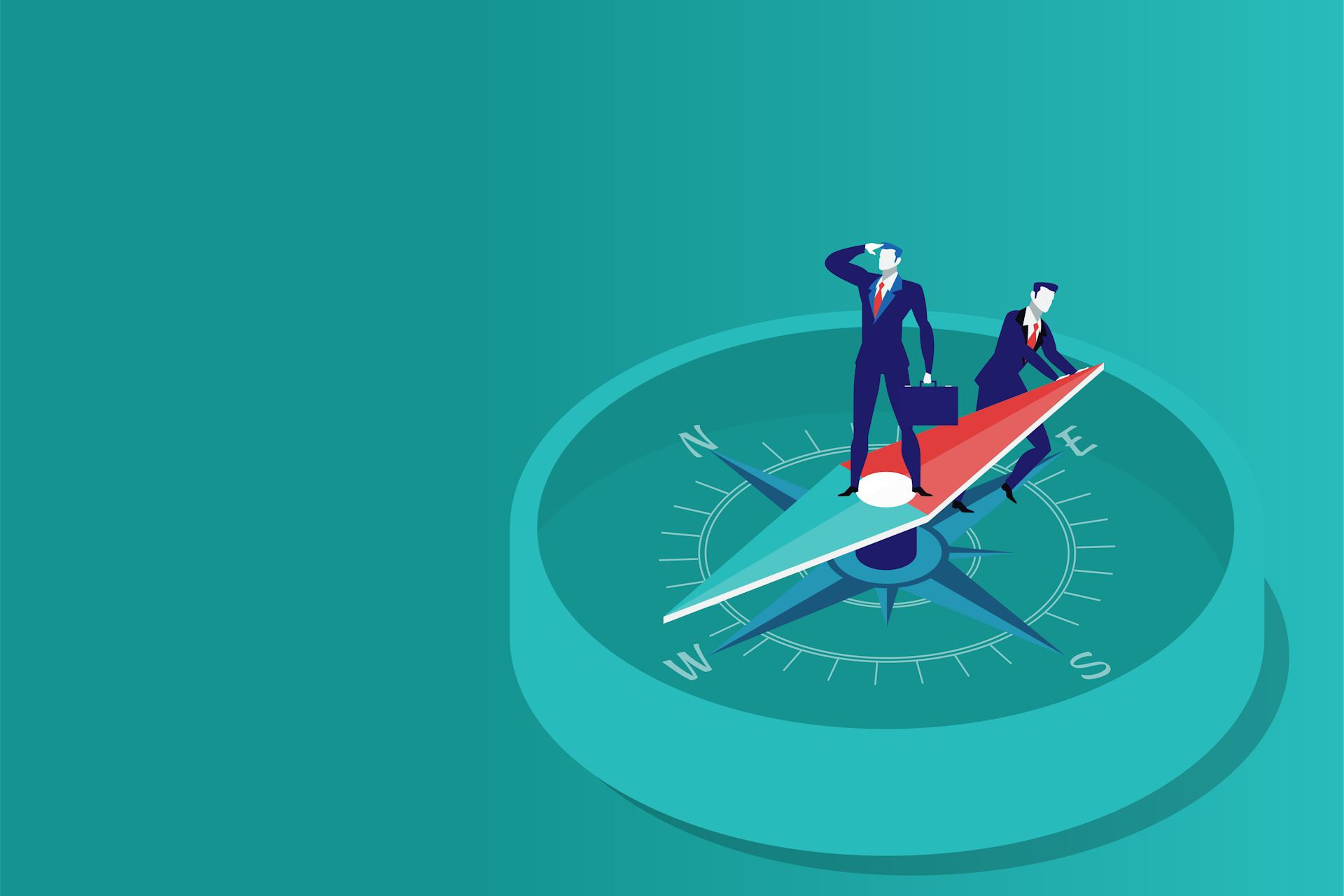 Illustration of two businessmen standing on a compass against a teal background