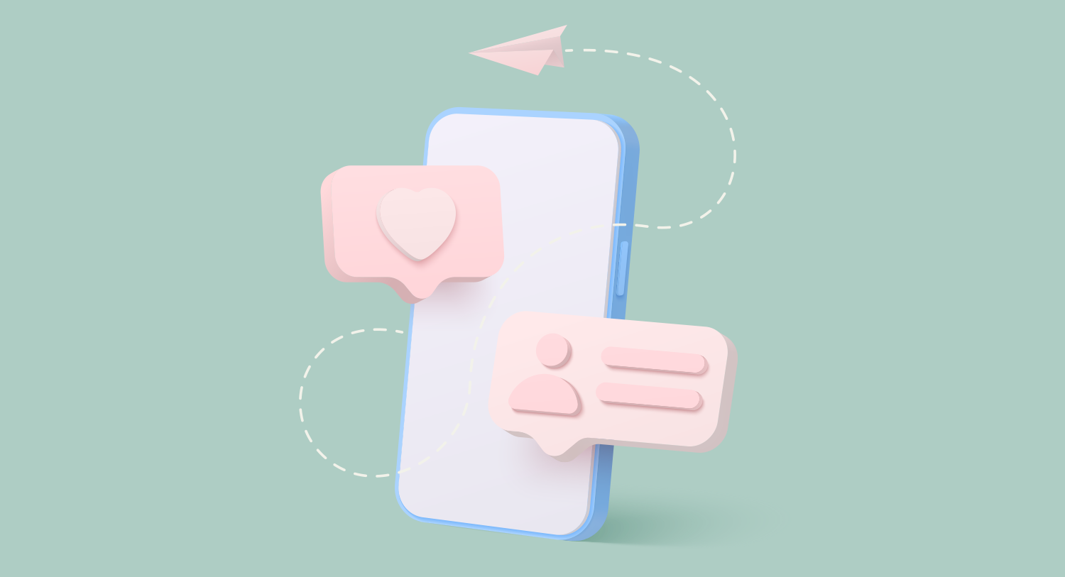 Illustration of a phone on a light green background with like, comment, and email symbols. Finding the best influencers blog post