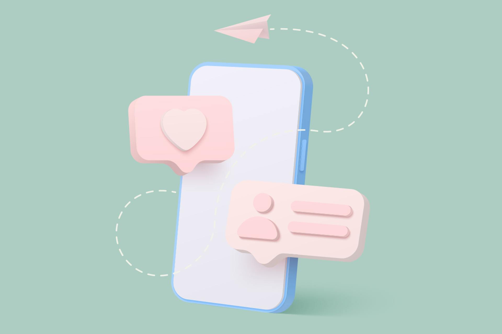 Illustration of a phone on a light green background with like, comment, and email symbols. Finding the best influencers blog post