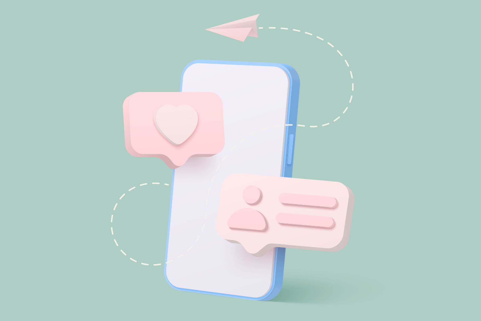 Illustration eines Telefons auf einem hellgrünen Hintergrund mit Like-, Kommentar- und E-Mail-Symbolen als Titelbild für unseren Beitrag darüber, wie man Influencer finden kann