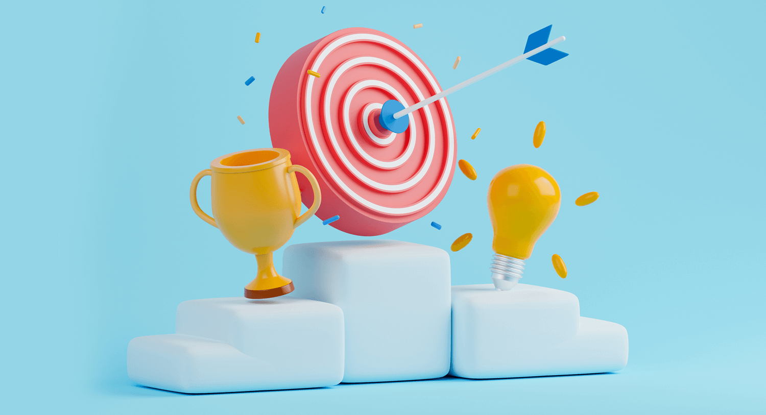 Illustration of a podium showing a red target with an arrow in the bullseye in the center, yellow light bulb and trophy cup on either side. Blog post on creating a successful marketing strategy.