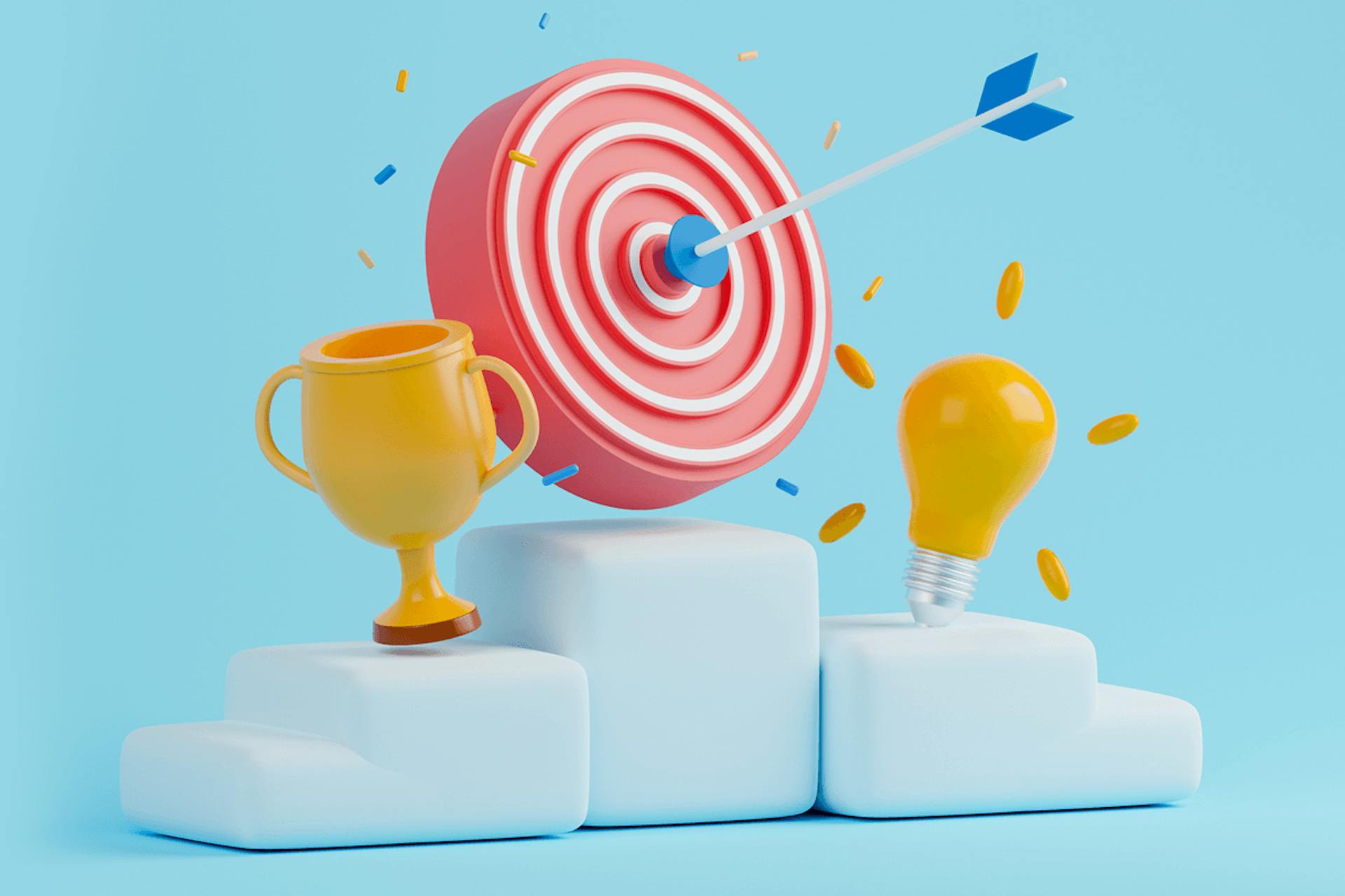Illustration of a podium showing a red target with an arrow in the bullseye in the center, yellow light bulb and trophy cup on either side. Blog post on creating a successful marketing strategy.