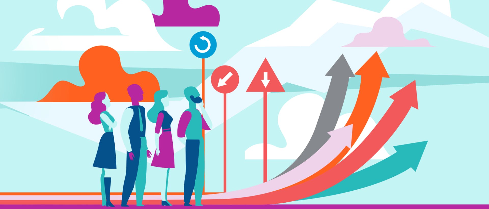 Four people looking right, past three direction signs, to five, multicolored arrows. This image is for a guide about operational efficiency.