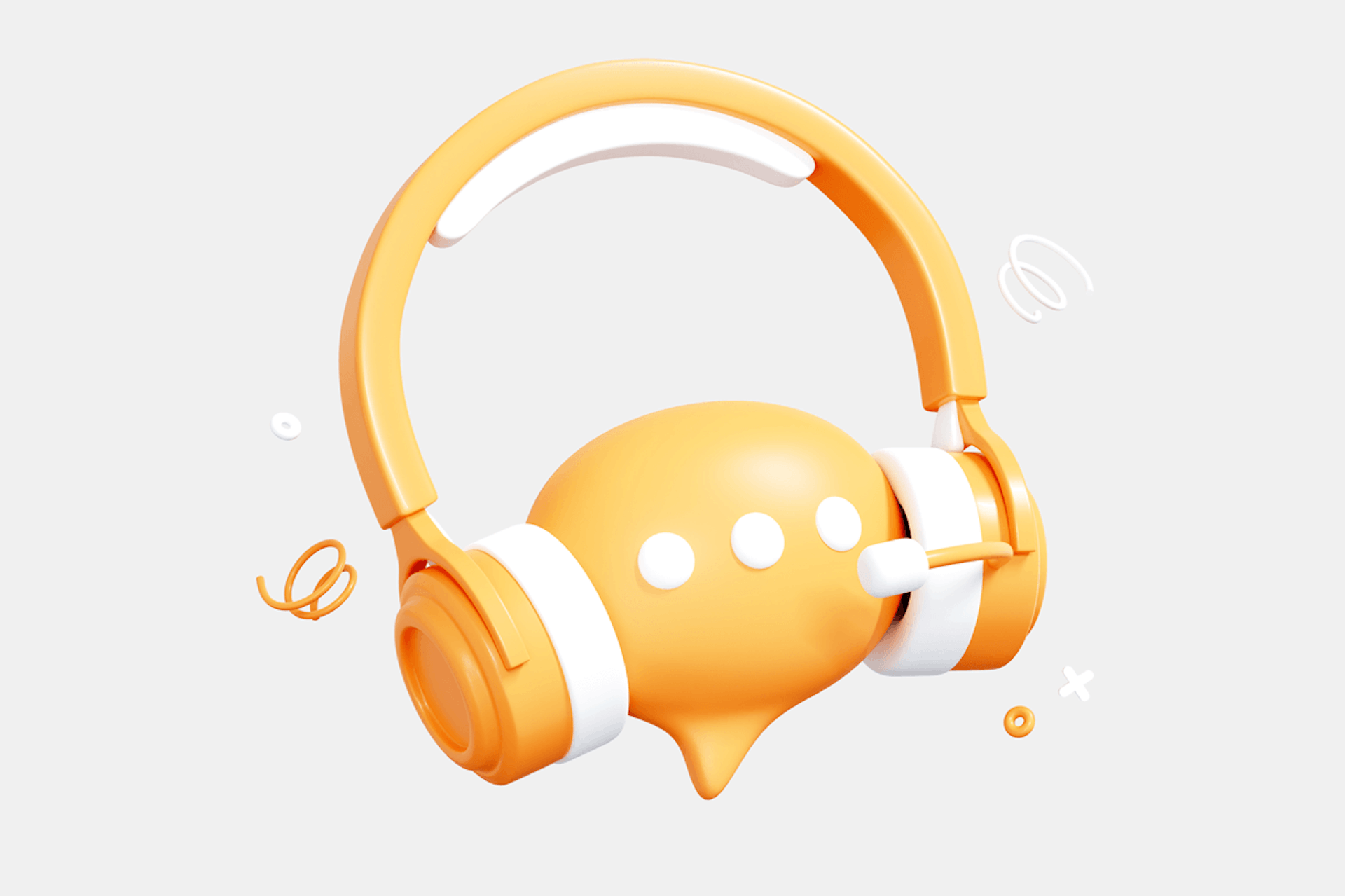 Illustration of an orange speech bubble wearing headphones with a microphone speaking to a customer. Using chatbots to improve sales blog post.