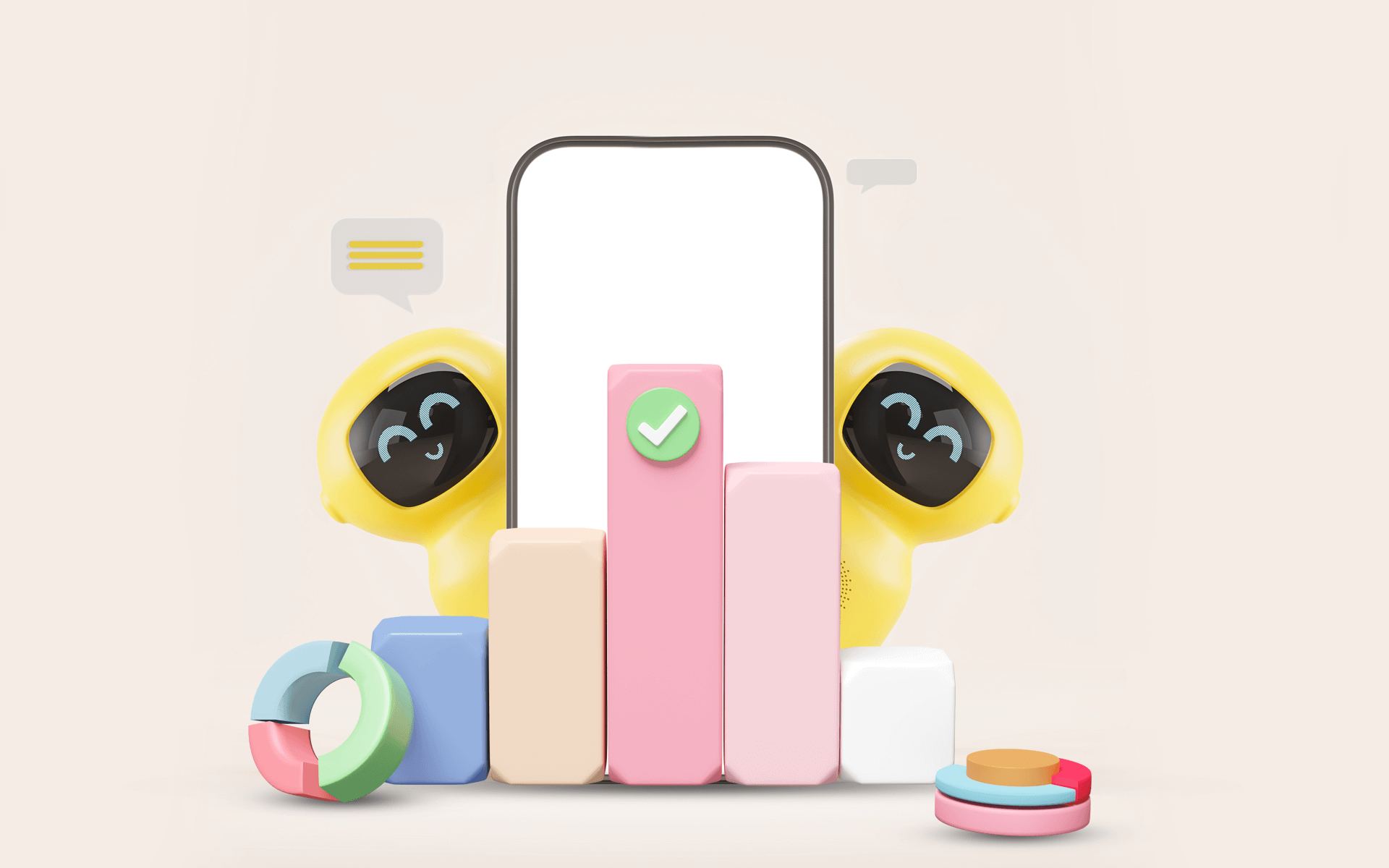 A cartoon image of two AI robots behind a smartphone and serval graphs, like a pie chart and a bar graph. The image is being used for a guide on how AI can help marketers track and monitor the effectiveness of sponsorships.