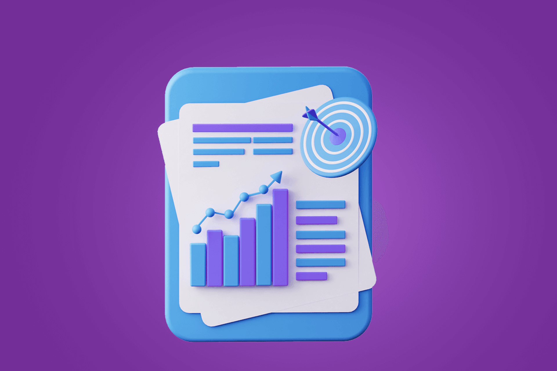 Illustration of a clipboard holding a stack of papers. The top paper has a bar chart in purple and blue with an arrow leading up and to the right, surrounded by notes. There is a target with an arrow in the bullseye in the top right. Blog post for important marketing metrics and KPIs you should be tracking. 