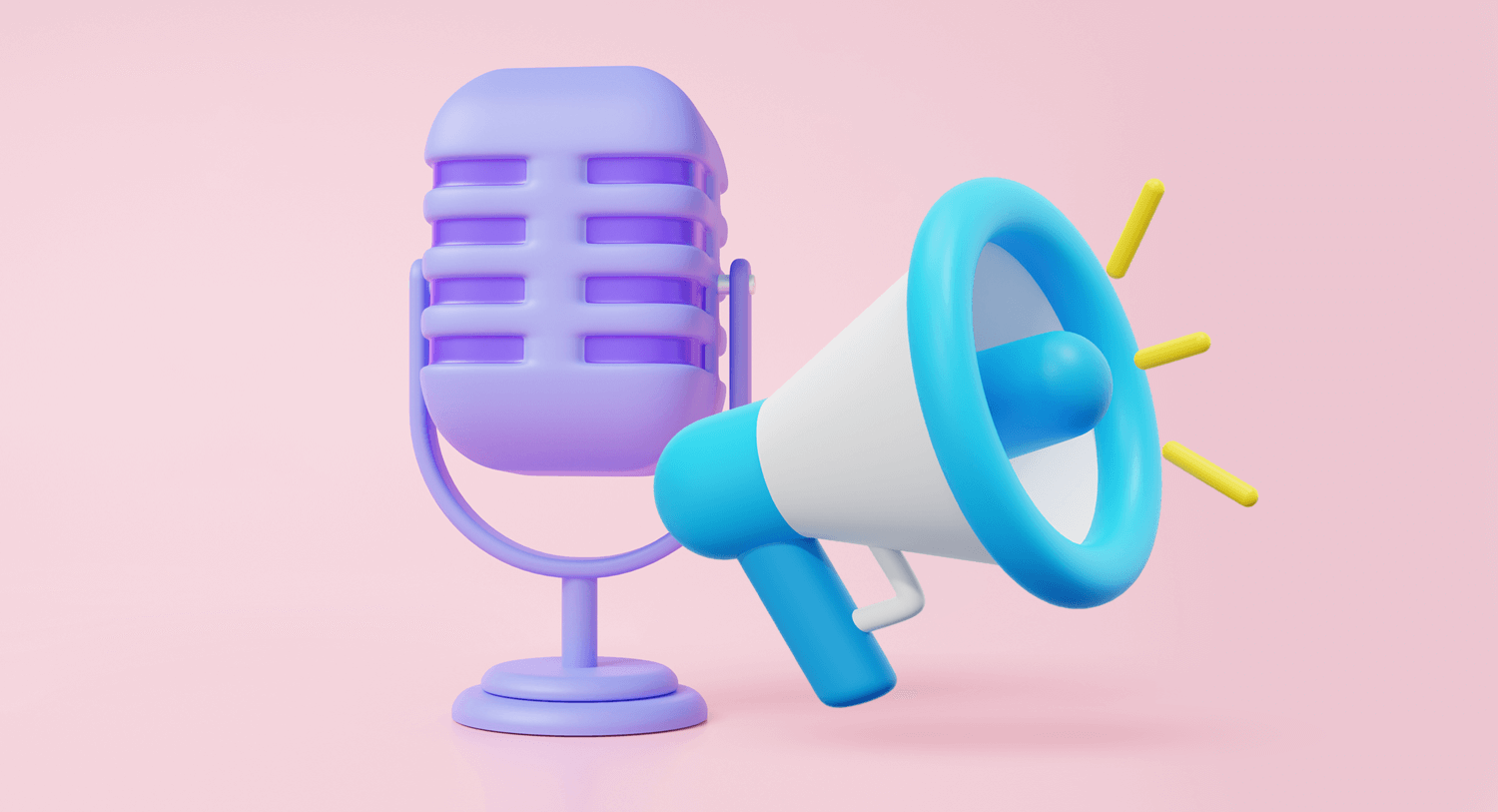 Image of a purple old fashioned microphone next to a loudspeaker on a pale pink background. Best PR podcasts blog post.