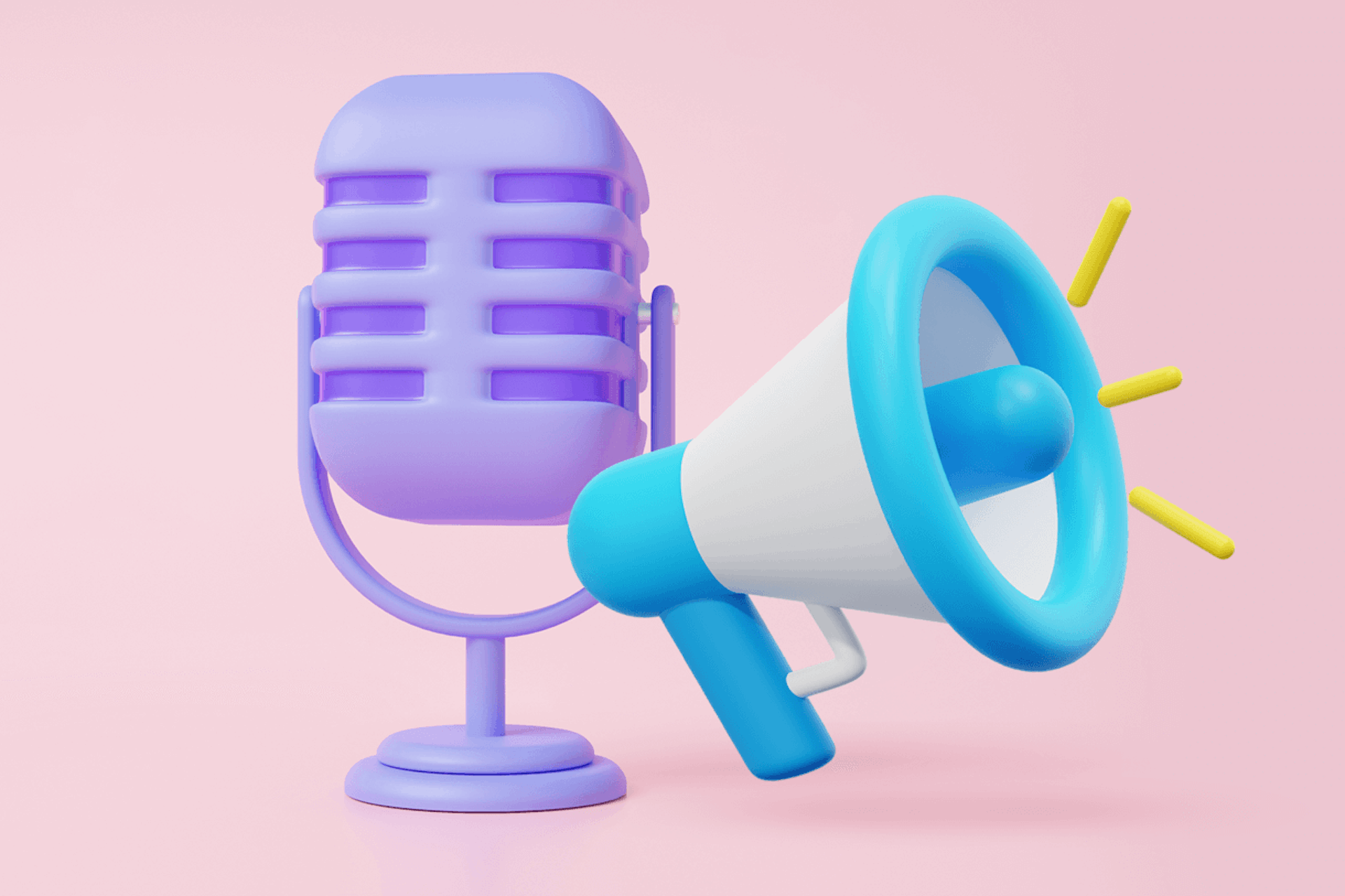 Image of a purple old fashioned microphone next to a loudspeaker on a pale pink background. Best PR podcasts blog post.