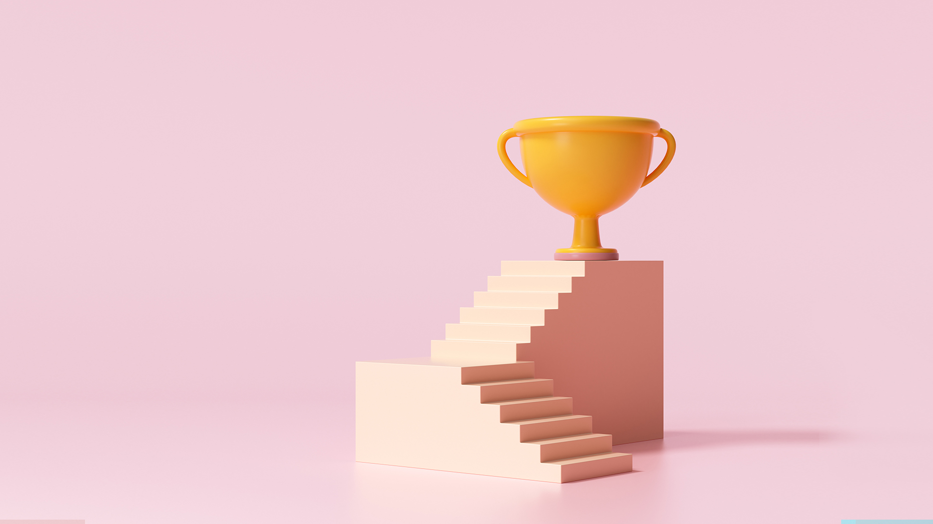 The path to social media management success involves several steps. In this blog post, we outline that process. This image depicts a series of steps with a gold trophy at the top.