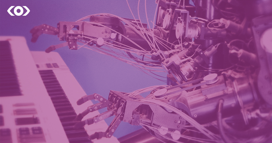 Robot playing an electric keyboard, with a purple hue. 