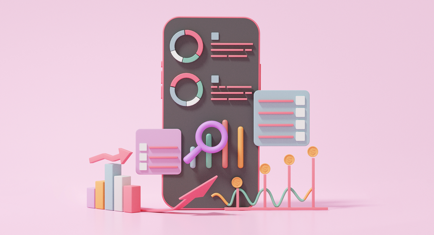 Image of a phone with Instagram analytics symbols. 