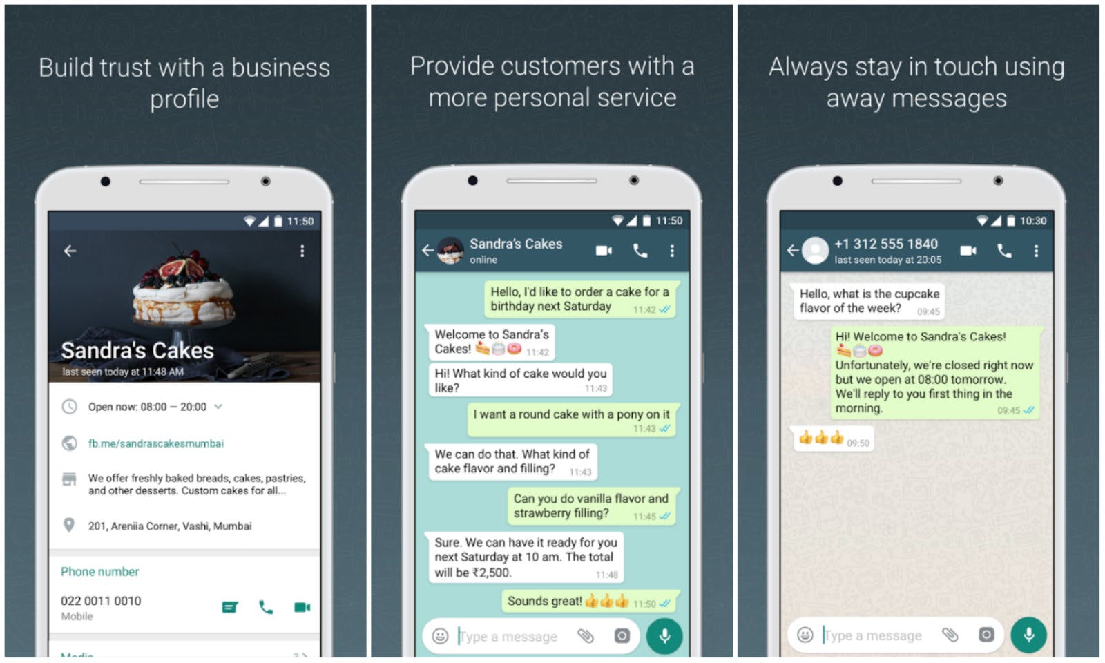 A sample WhatsApp text thread between a business, Sandra's Cakes, and a customer