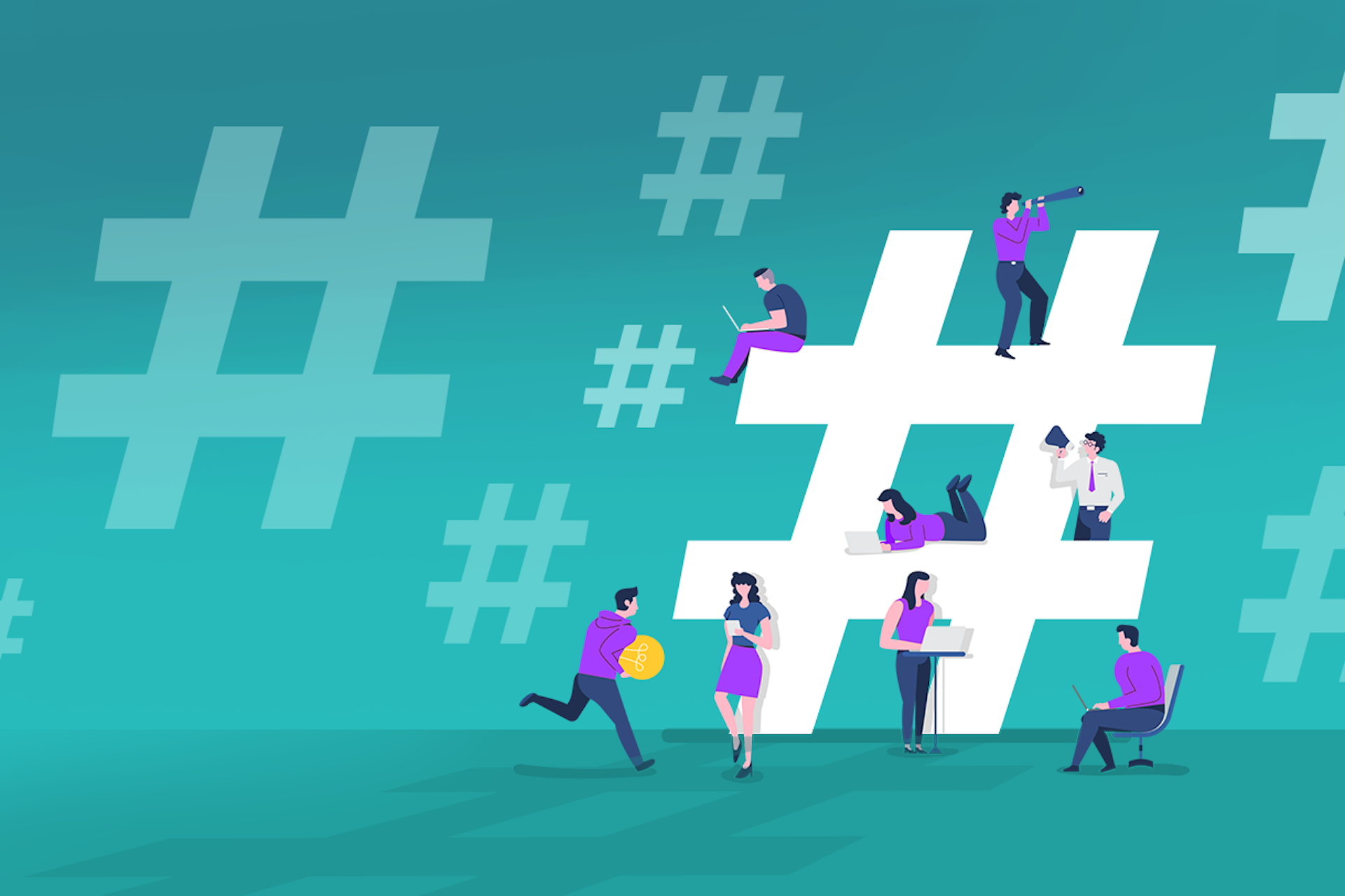 Illustration of floating hashtag icons with people sitting on one large hashtag using various electronic devices