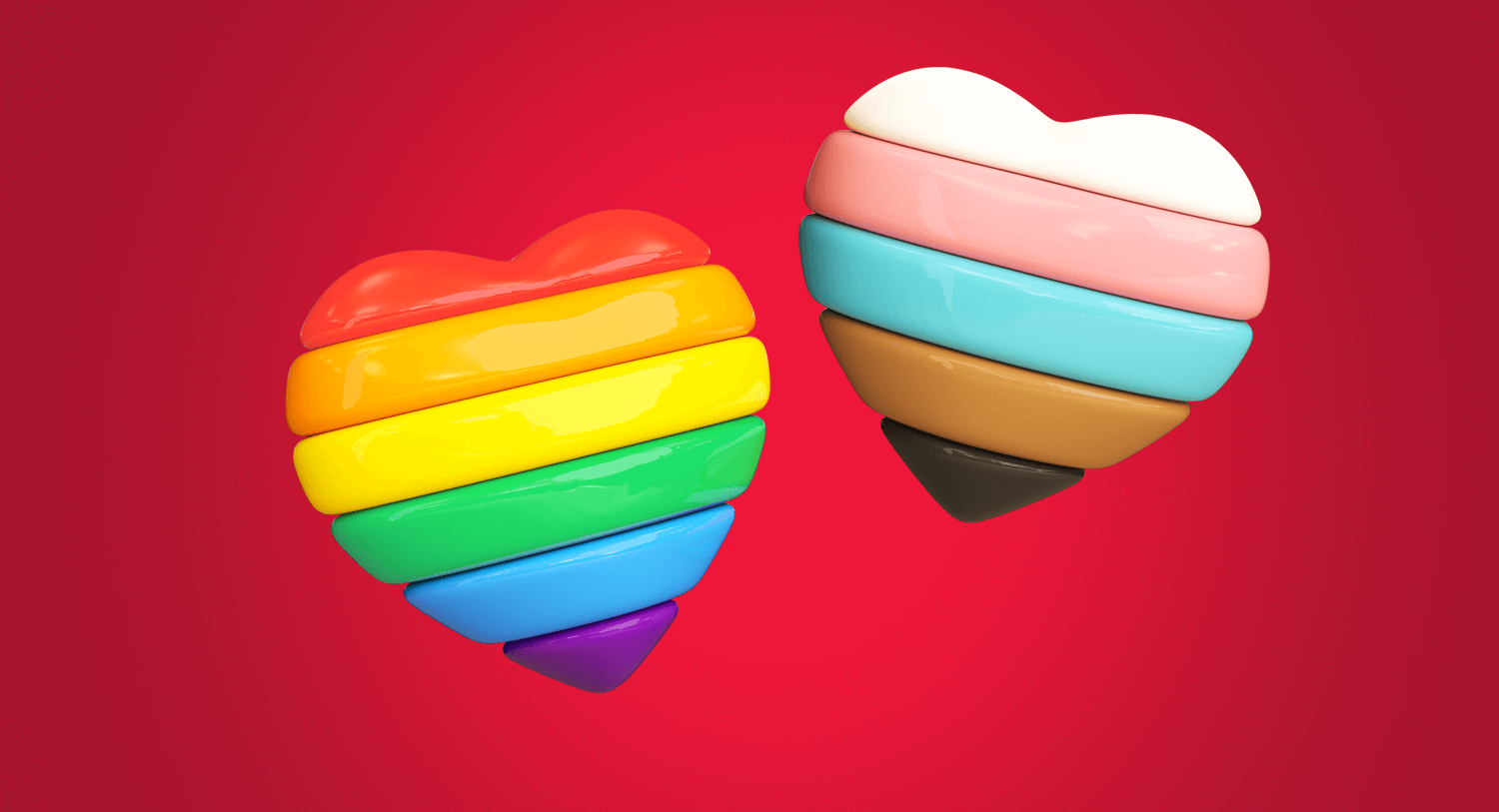 Two hearts with the colors of the gay pride and progress pride flag, in this image for a Meltwater blog about LGBTQ+ articles that had impact on social media.