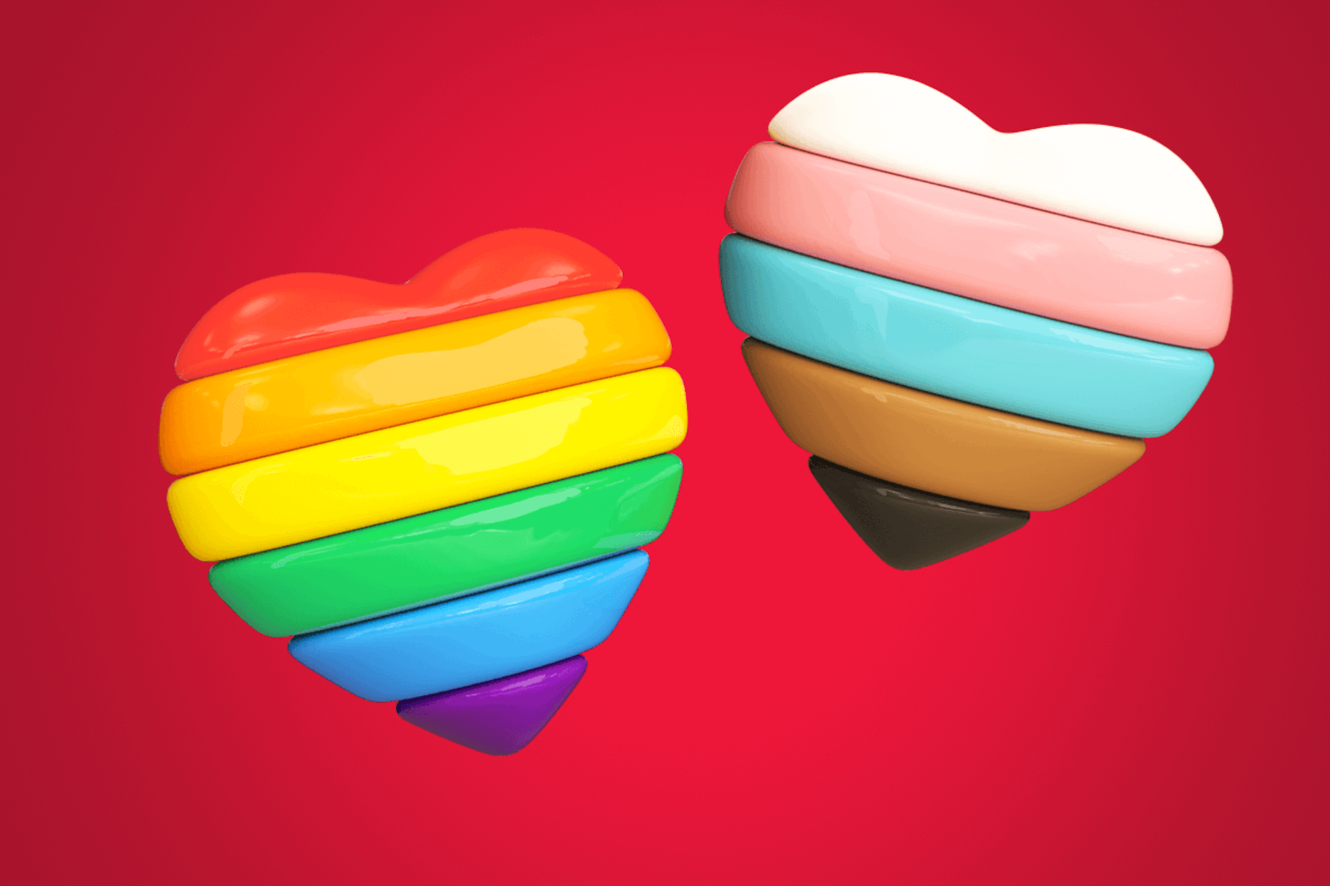 Two hearts with the colors of the gay pride and progress pride flag, in this image for a Meltwater blog about LGBTQ+ articles that had impact on social media.