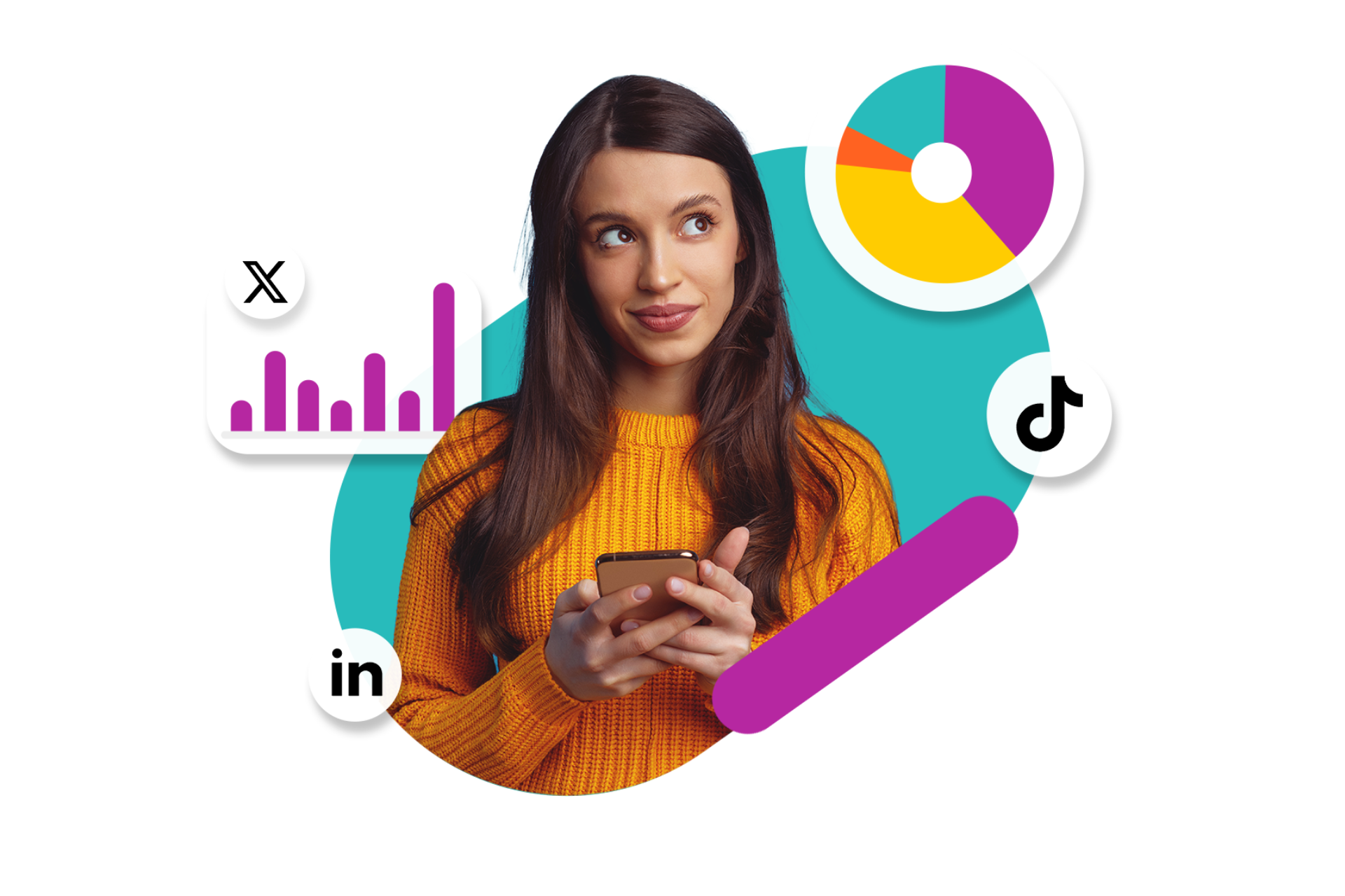 Eine junge Frau, die ein Hand in der Hand hat. Um sich herum sind verschiedene Social Media Symbole und Diagramme.