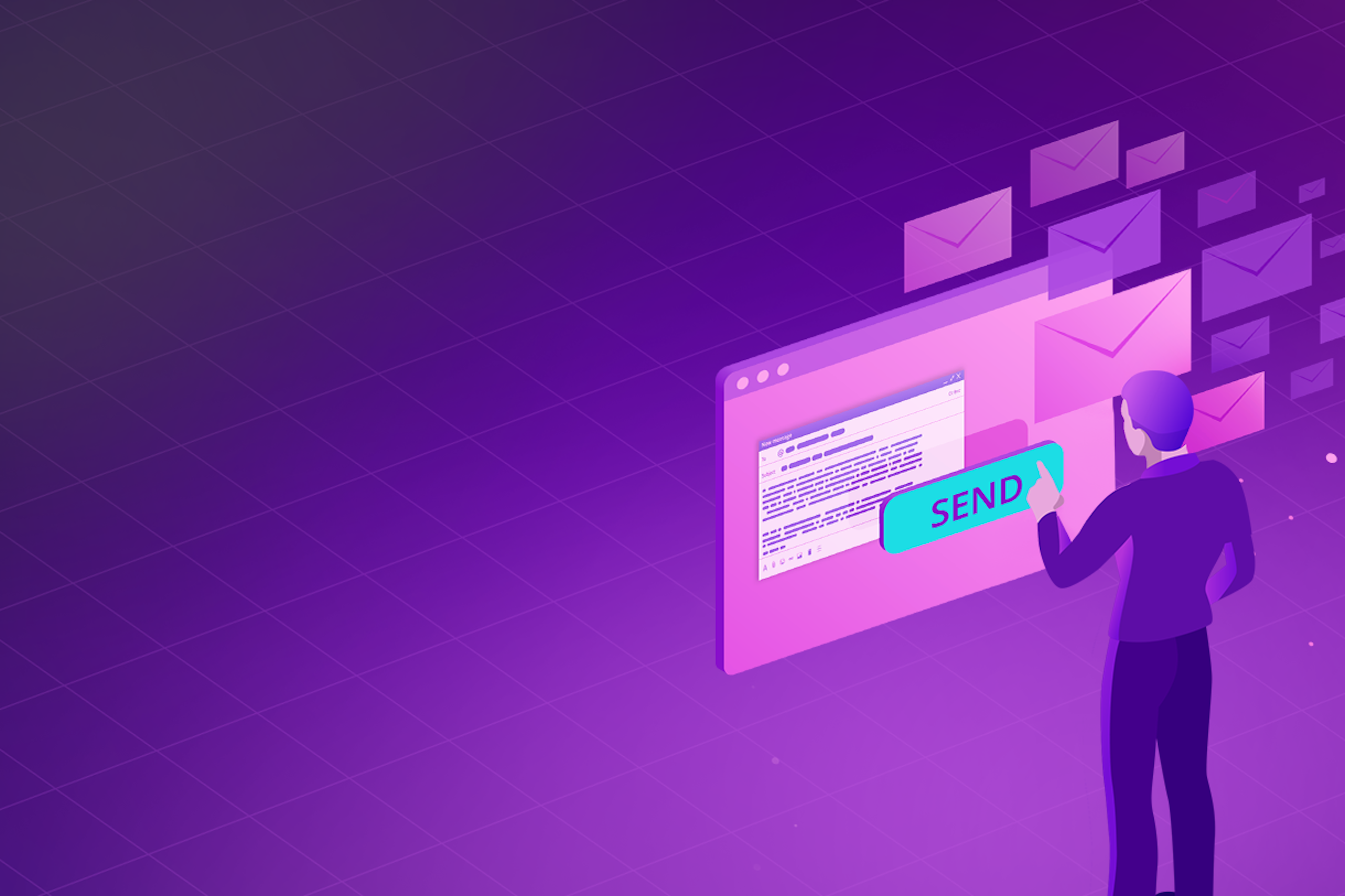 An illustration of a man sending an email against a purple backdrop
