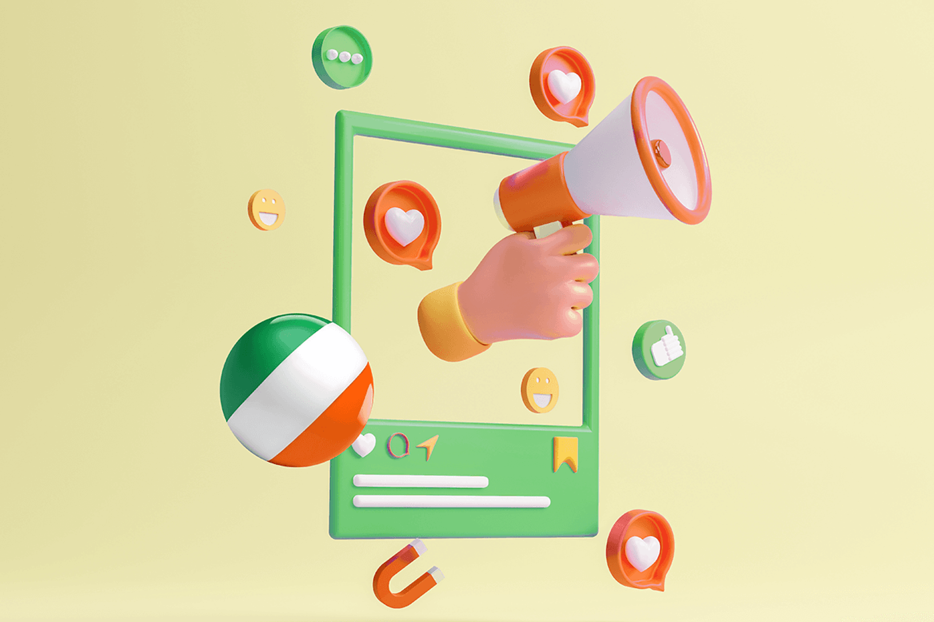3D illustration of an Instagram post with the Irish flag to showcase our list of the top Irish influencers