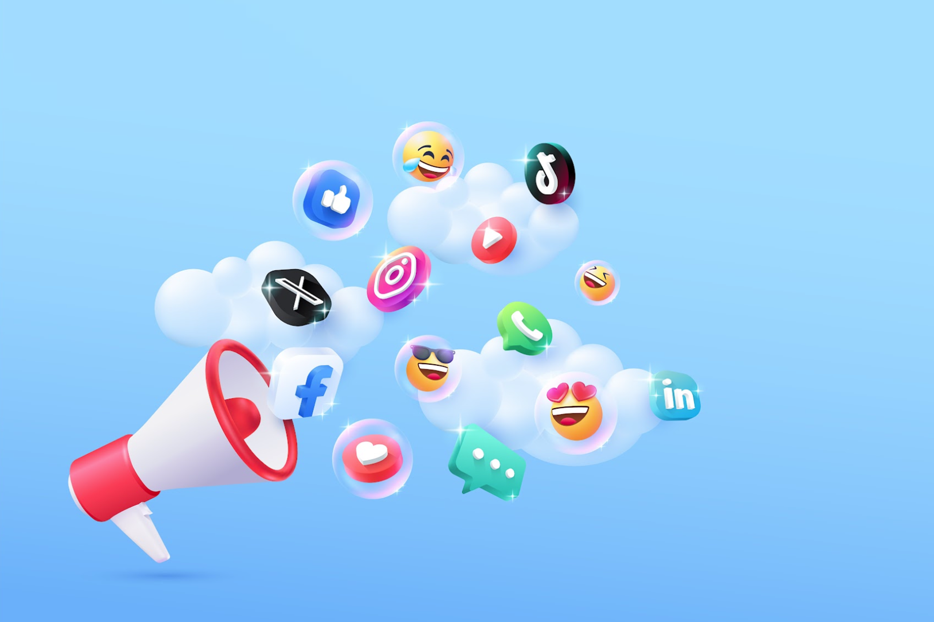 Social media icons flying out of a loudhailer. 