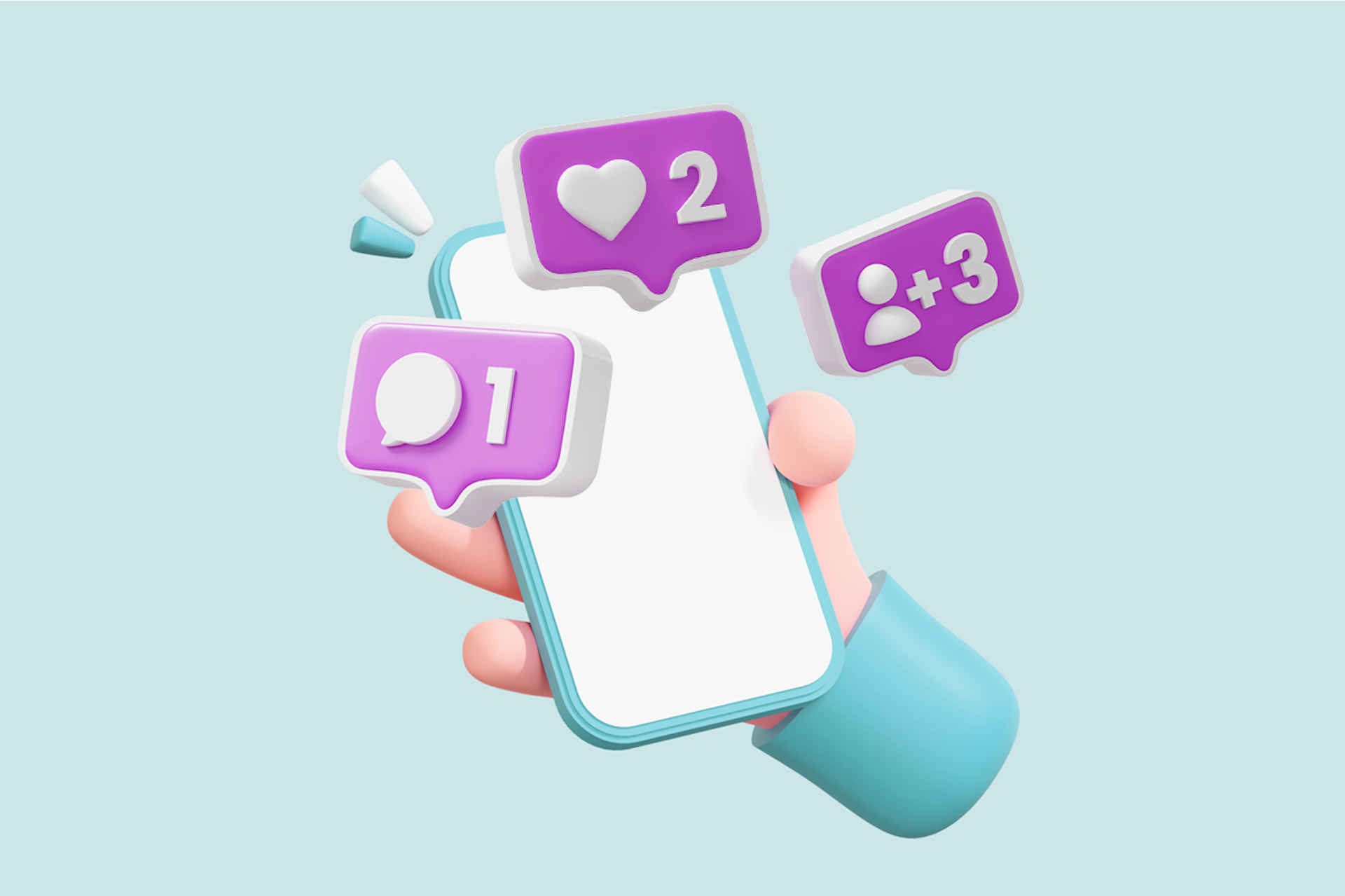Illustration of a persons hand holding a smartphone surrounded by three notification symbols for likes, comments, and followers. Influencer marketing blog ultimate guide.