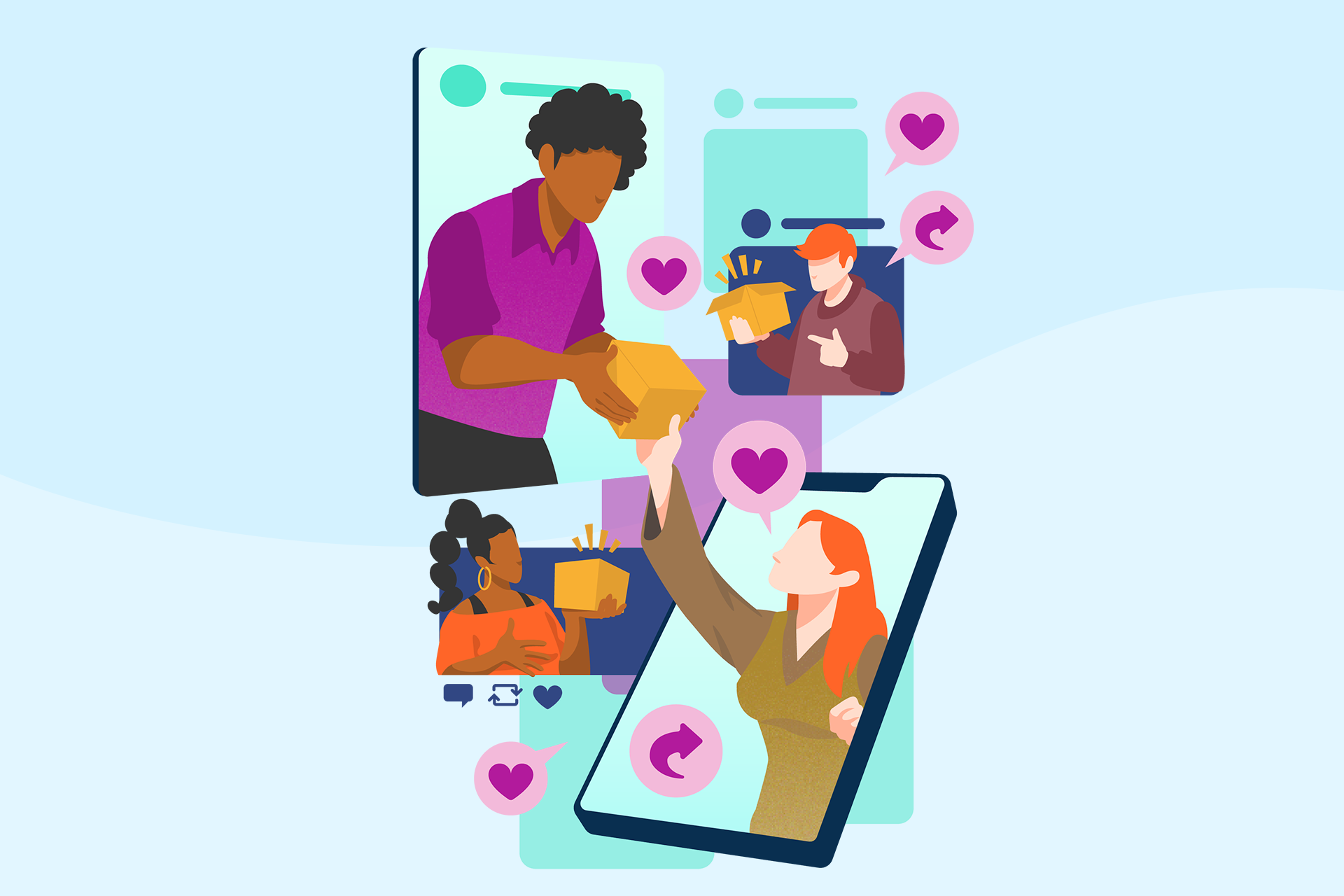 An illustration showing four people within the phone screens that are holding boxes that they are discussing with one another. These type of product reviews are referred to as user-generated content when shared through when done through social media. 