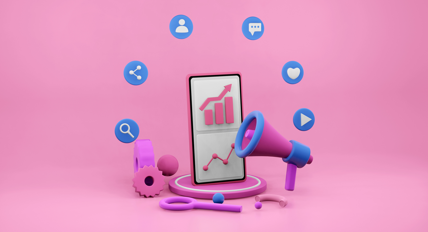 A megaphone and a mobile phone are set against a pink background in this image for a blog about The Total Economic Impact™ Of Meltwater For Brand Management, a commissioned study conducted by Forrester Consulting. 