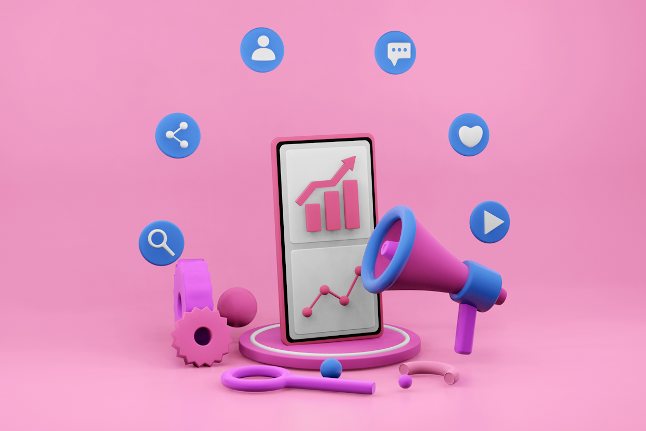 3D Illustration von einem Megafon, einem Smartphone und weiteren Media Icons, um den Prozess vom Seeding zu verbildlichen