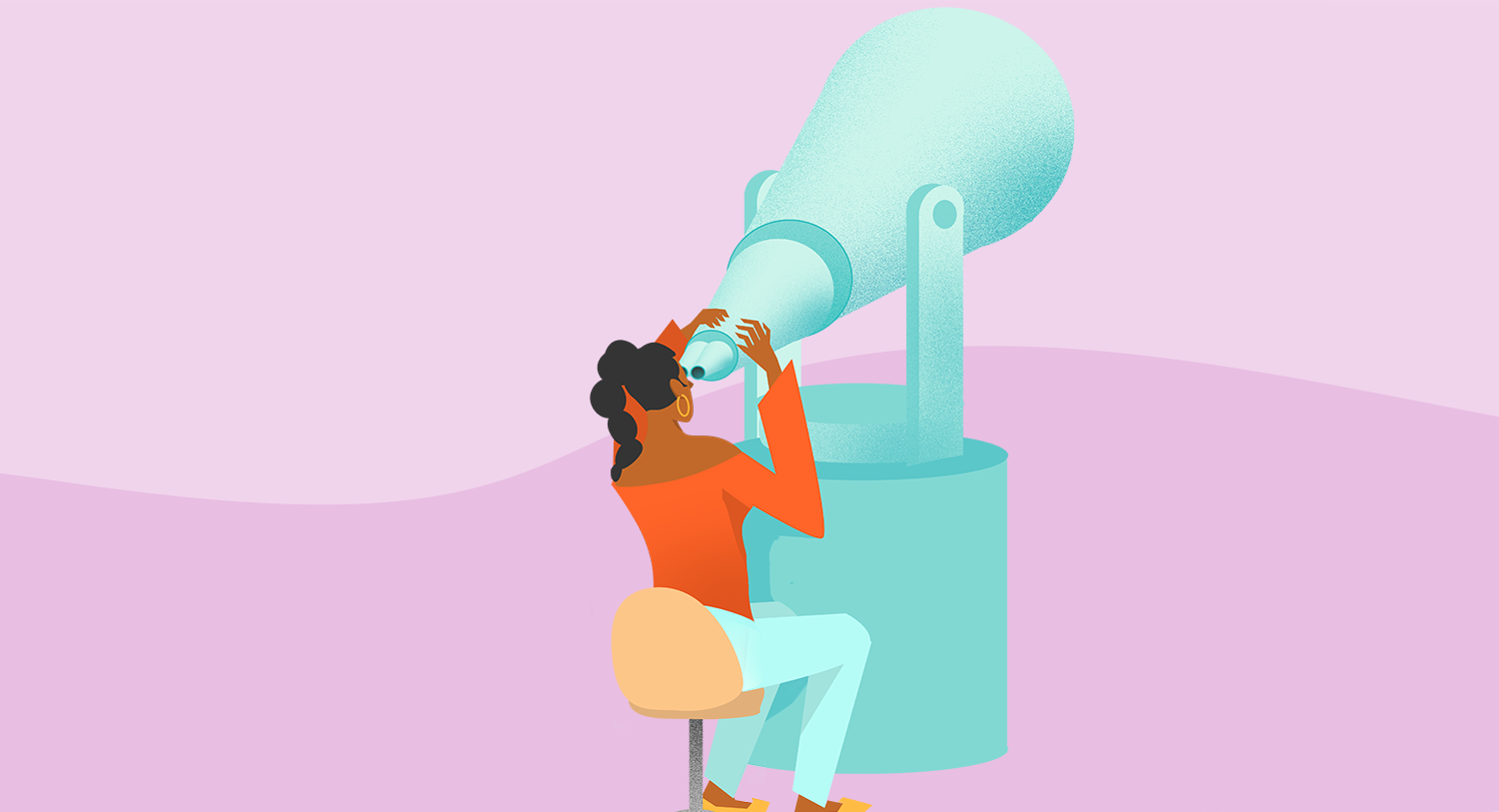 A seated person looks through a large telescope in this image for a blog about alternatives to Zoho Social, a social media management software. 