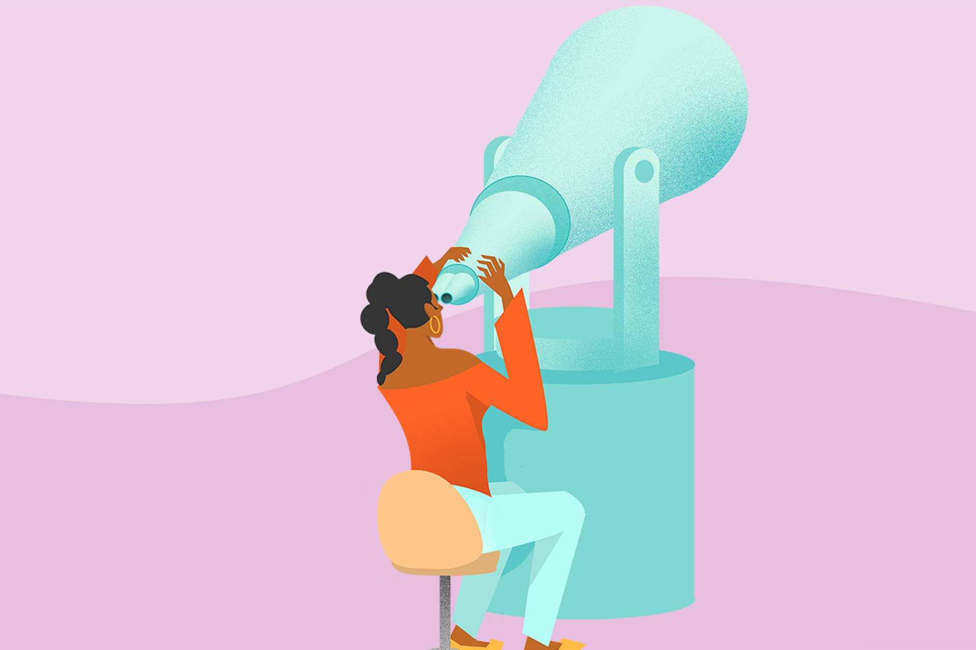 A seated person looks through a large telescope in this image for a blog about alternatives to Zoho Social, a social media management software. 