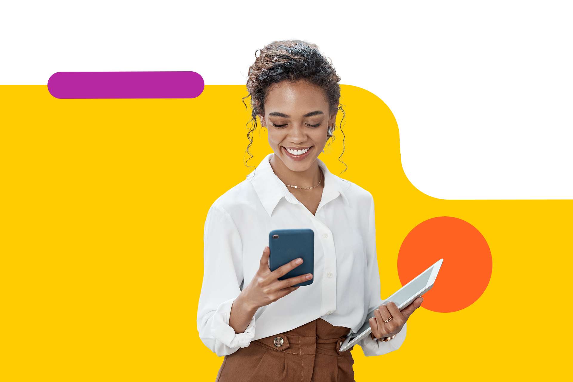 Ultimate guide to social media management. Image showing a social media manager holding a phone and a tablet in front of an abstract yellow background