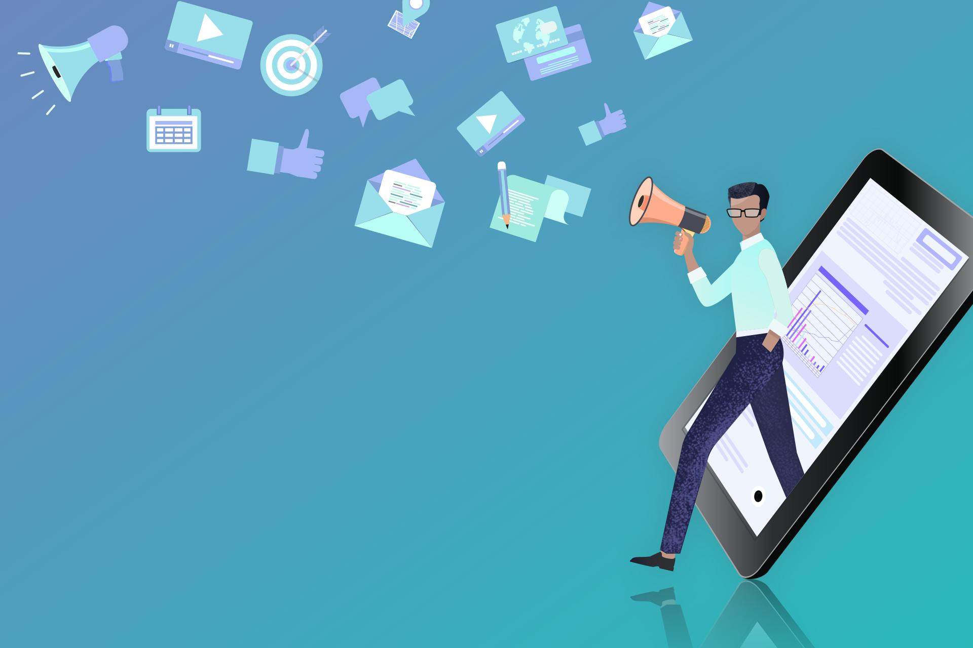 A cartoon image of a man stepping out of an iPad holding a megaphone. Different icons, like an email, calendar and Facebook "Like" button, hover above his head. The icons represent all of the different forms of content marketing, such as email marketing, social media marketing, etc.