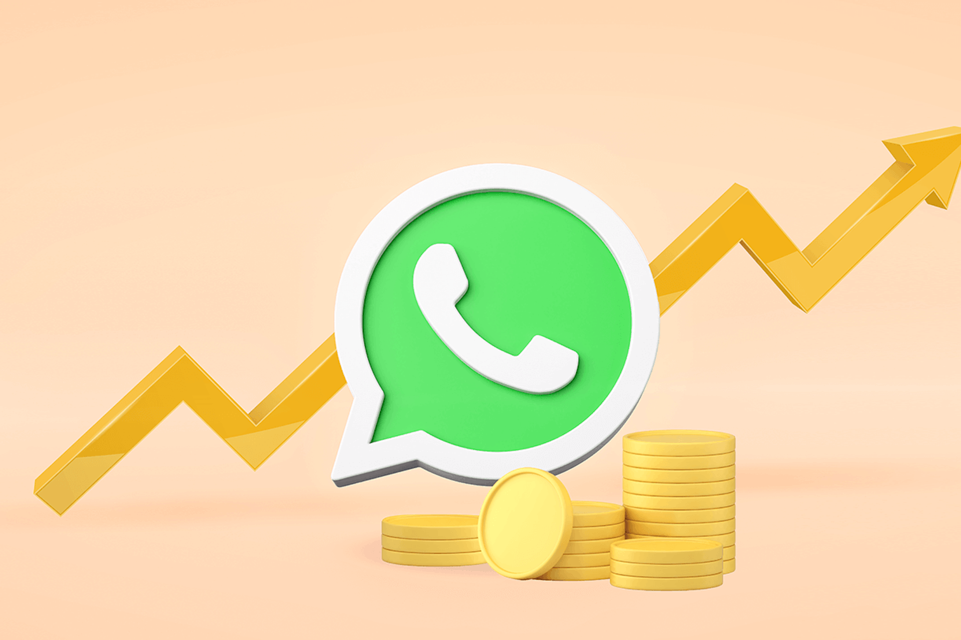 An illustration of the WhatsApp logo, coins, and an upwards trend line, representing using WhatsApp for business.